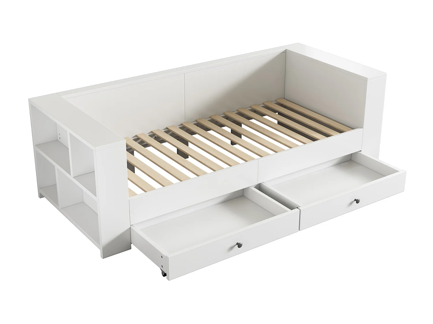 Eenpersoonsbed 90 x 200 cm met 2 lades voor kinderen, opbergplanken aan hoofd- en voeteinde, grenenhout en MDF, wit