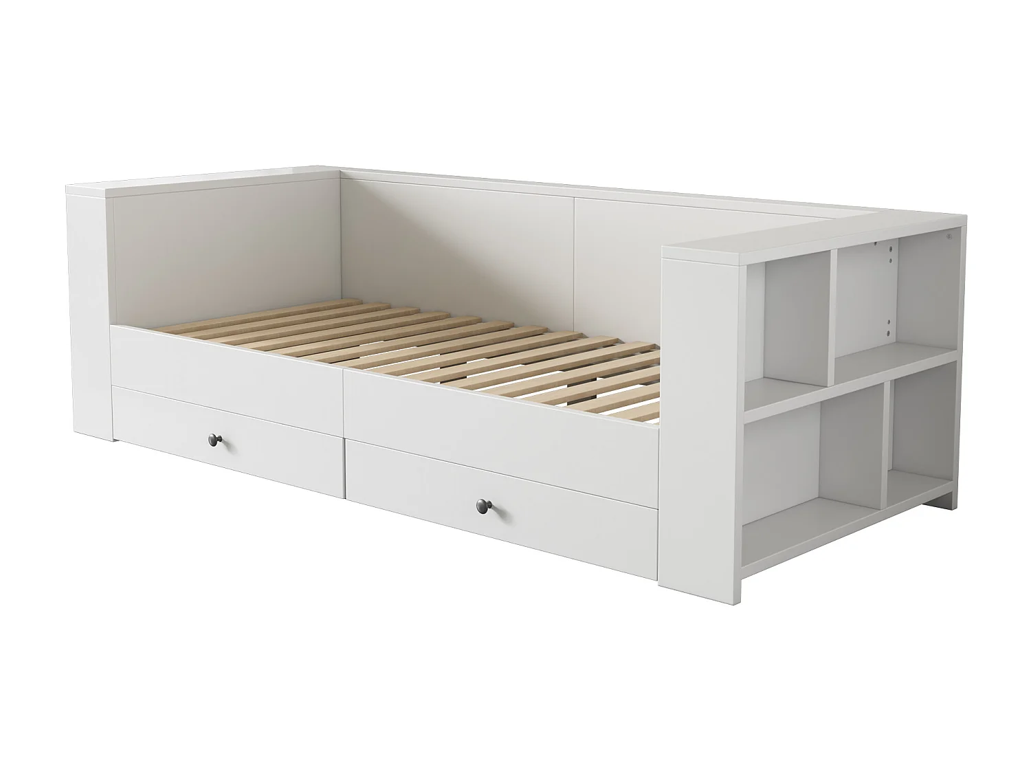 Eenpersoonsbed 90 x 200 cm met 2 lades voor kinderen, opbergplanken aan hoofd- en voeteinde, grenenhout en MDF, wit