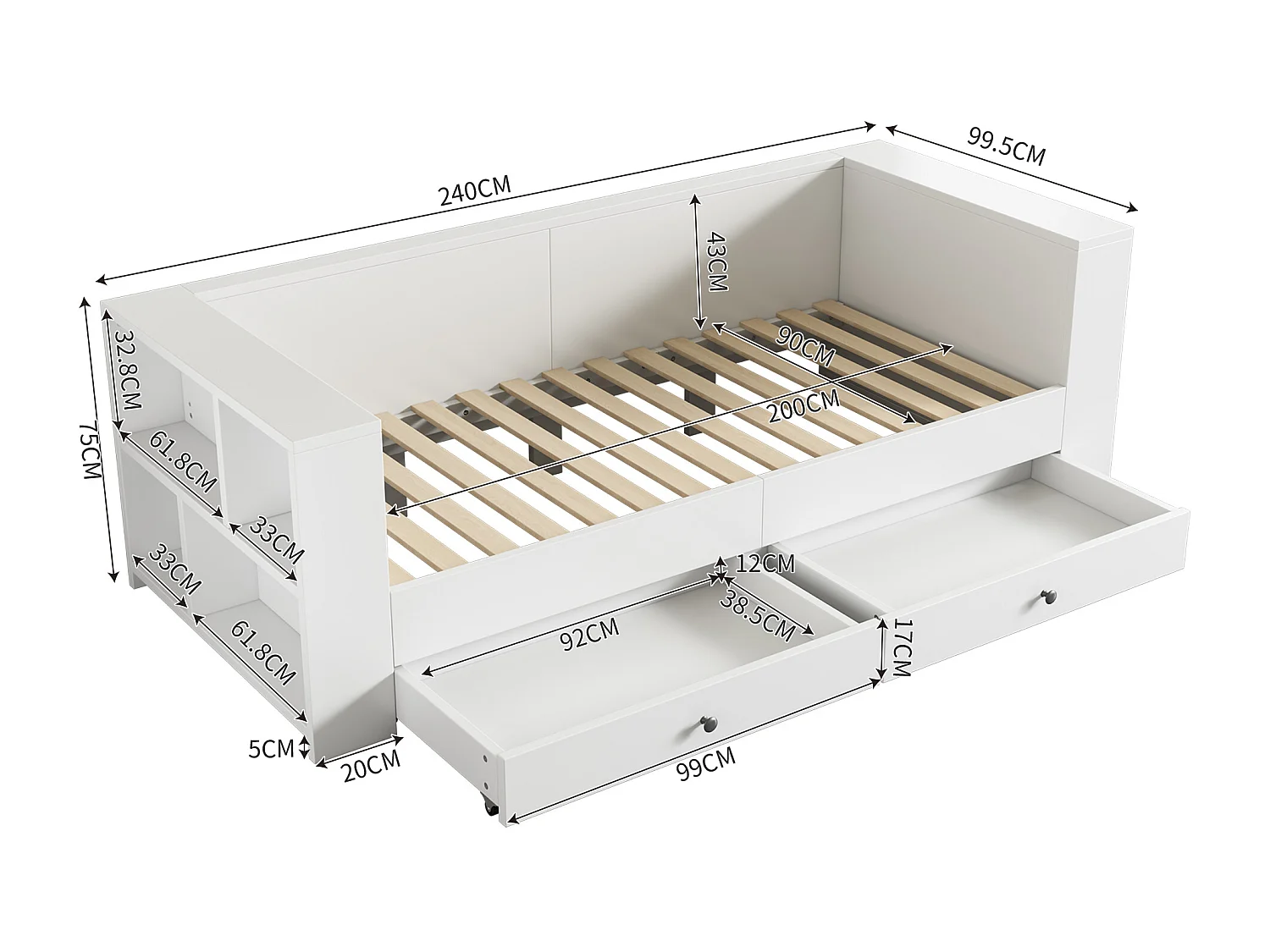 Eenpersoonsbed 90 x 200 cm met 2 lades voor kinderen, opbergplanken aan hoofd- en voeteinde, grenenhout en MDF, wit