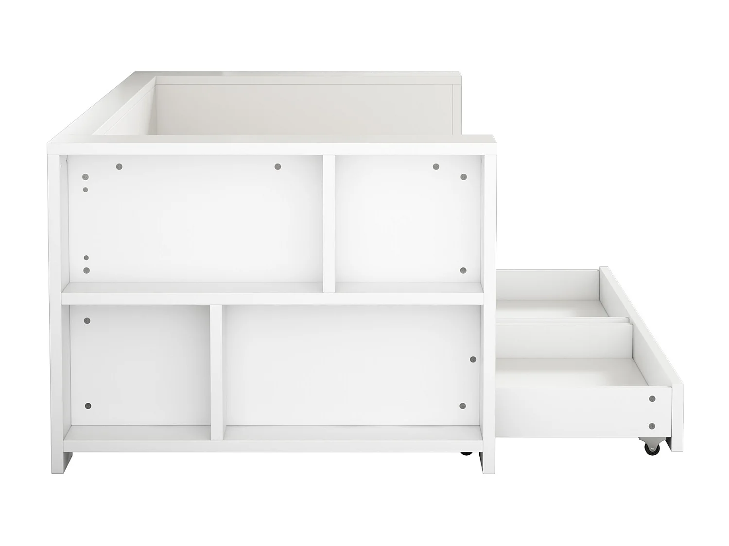 Eenpersoonsbed 90 x 200 cm met 2 lades voor kinderen, opbergplanken aan hoofd- en voeteinde, grenenhout en MDF, wit