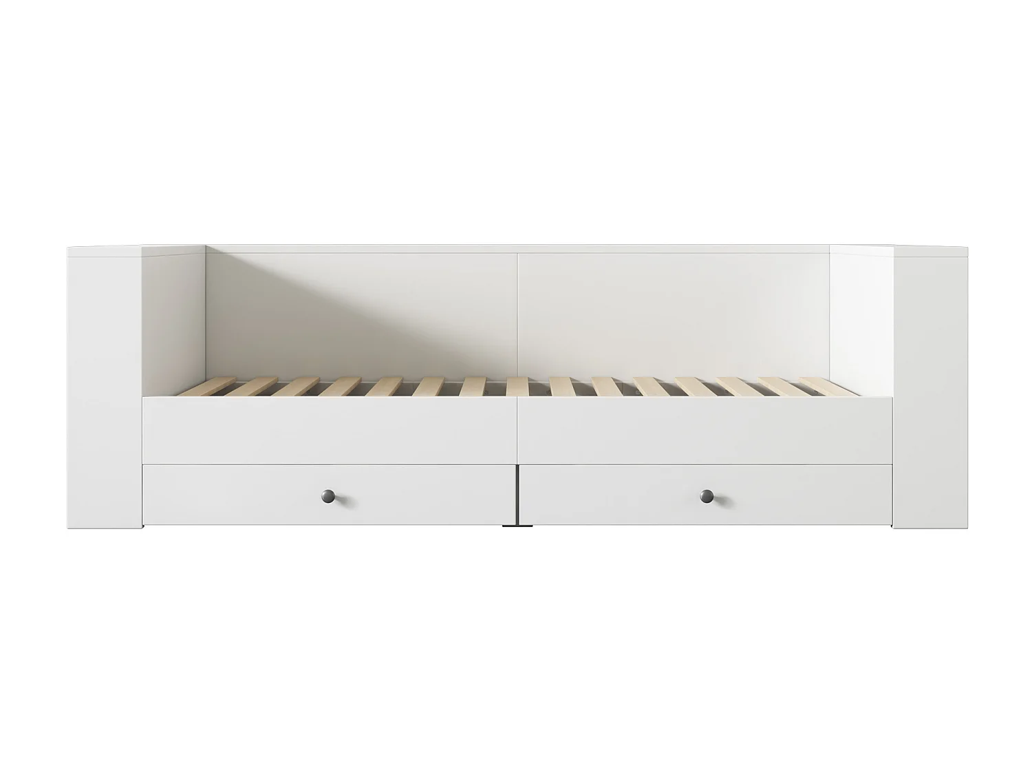 Eenpersoonsbed 90 x 200 cm met 2 lades voor kinderen, opbergplanken aan hoofd- en voeteinde, grenenhout en MDF, wit