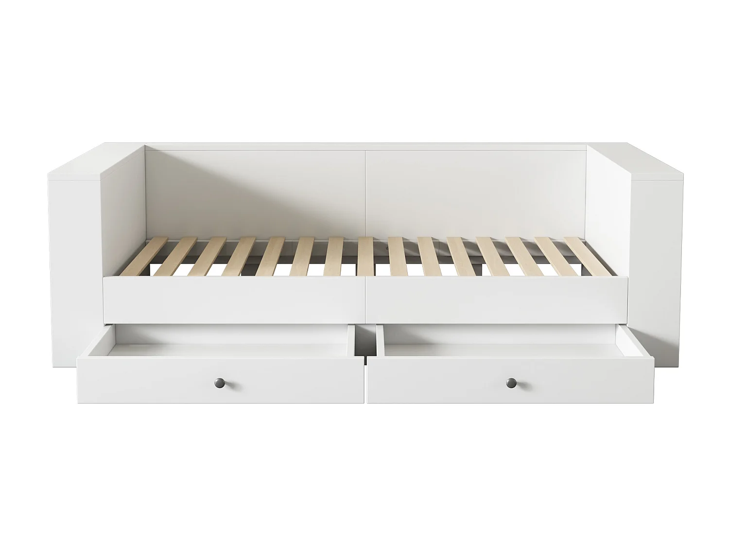 Eenpersoonsbed 90 x 200 cm met 2 lades voor kinderen, opbergplanken aan hoofd- en voeteinde, grenenhout en MDF, wit