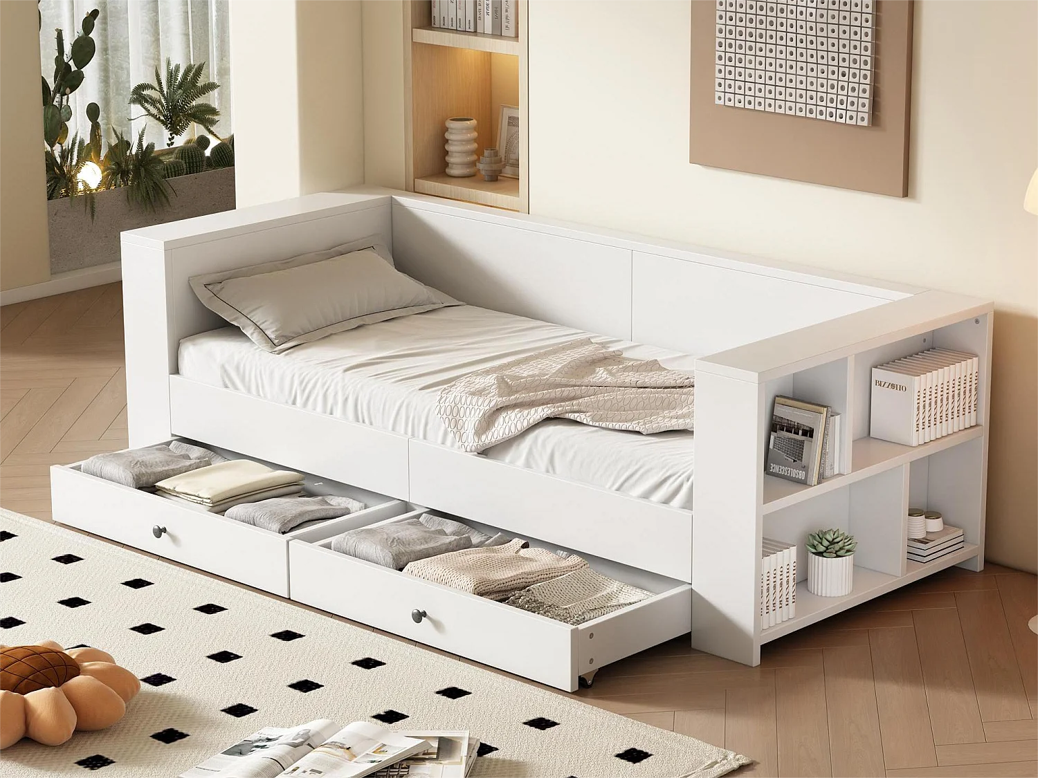 Eenpersoonsbed 90 x 200 cm met 2 lades voor kinderen, opbergplanken aan hoofd- en voeteinde, grenenhout en MDF, wit