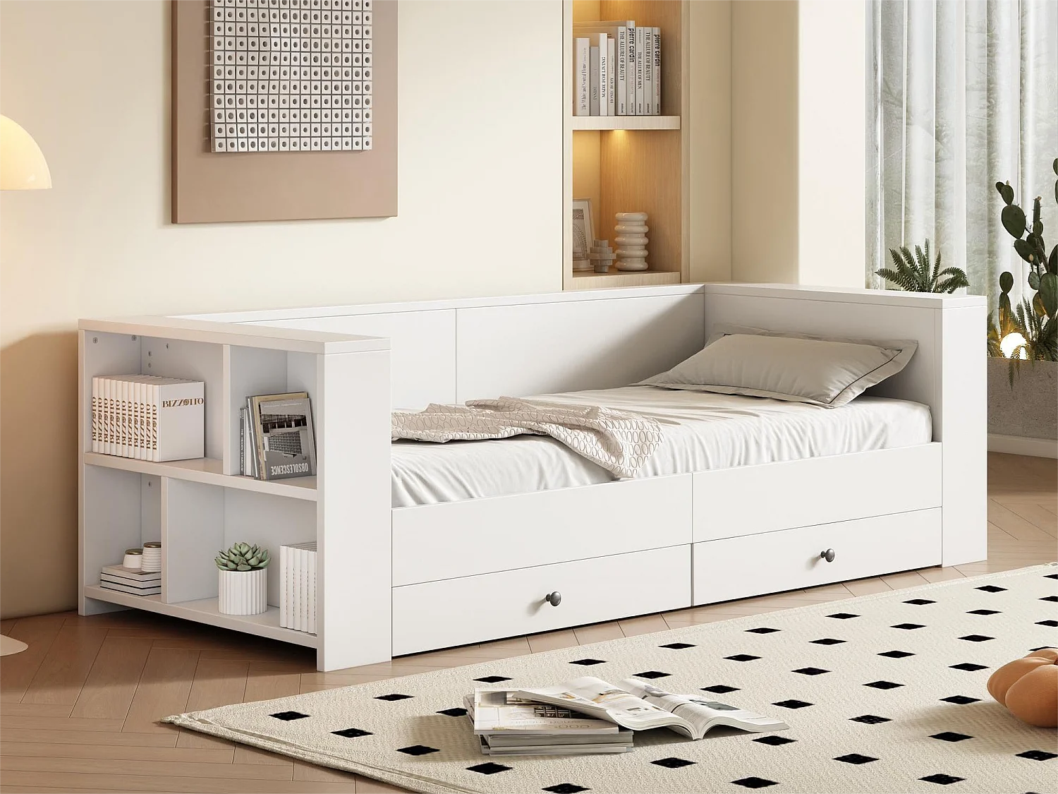 Eenpersoonsbed 90 x 200 cm met 2 lades voor kinderen, opbergplanken aan hoofd- en voeteinde, grenenhout en MDF, wit