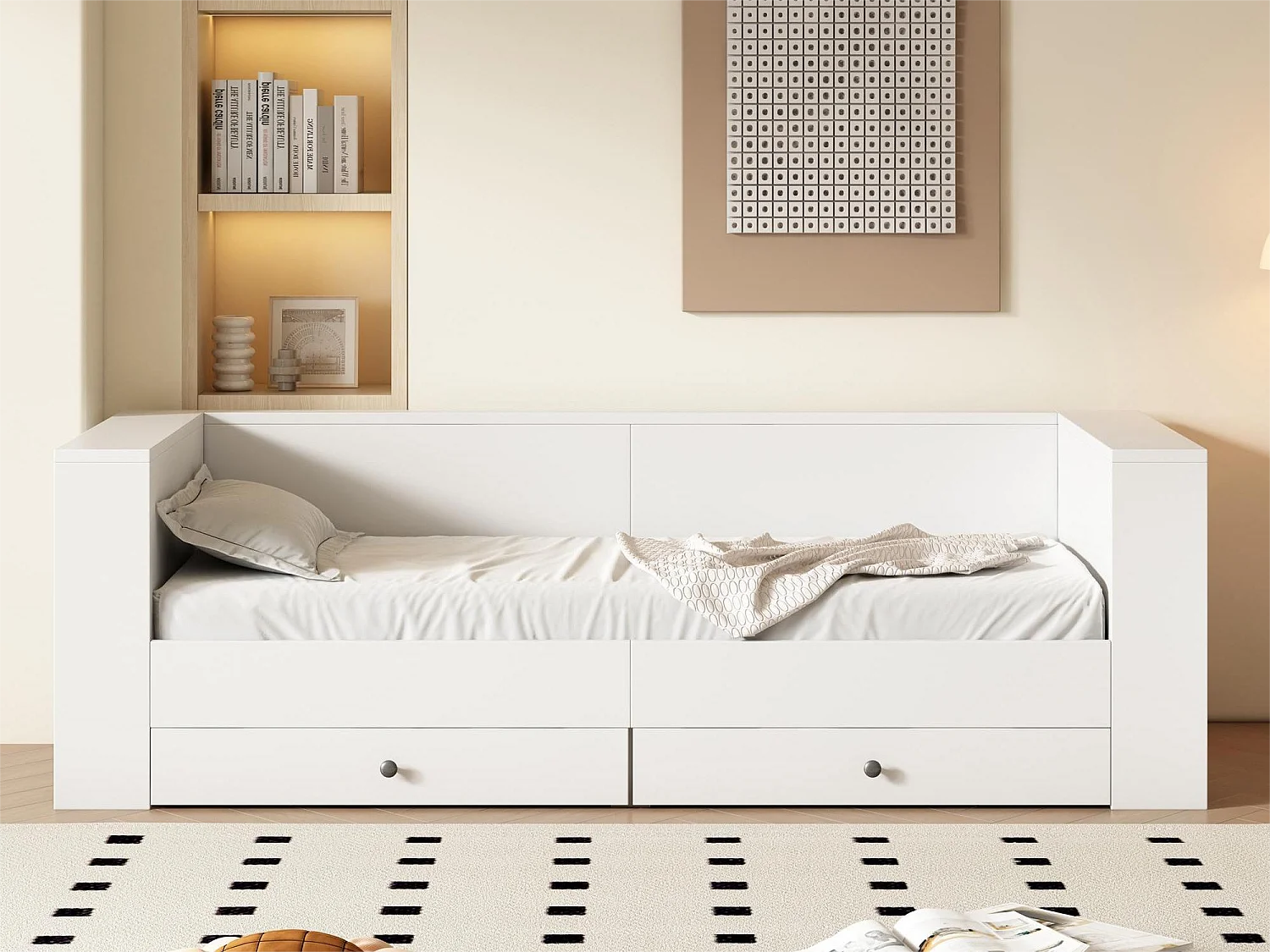 Eenpersoonsbed 90 x 200 cm met 2 lades voor kinderen, opbergplanken aan hoofd- en voeteinde, grenenhout en MDF, wit