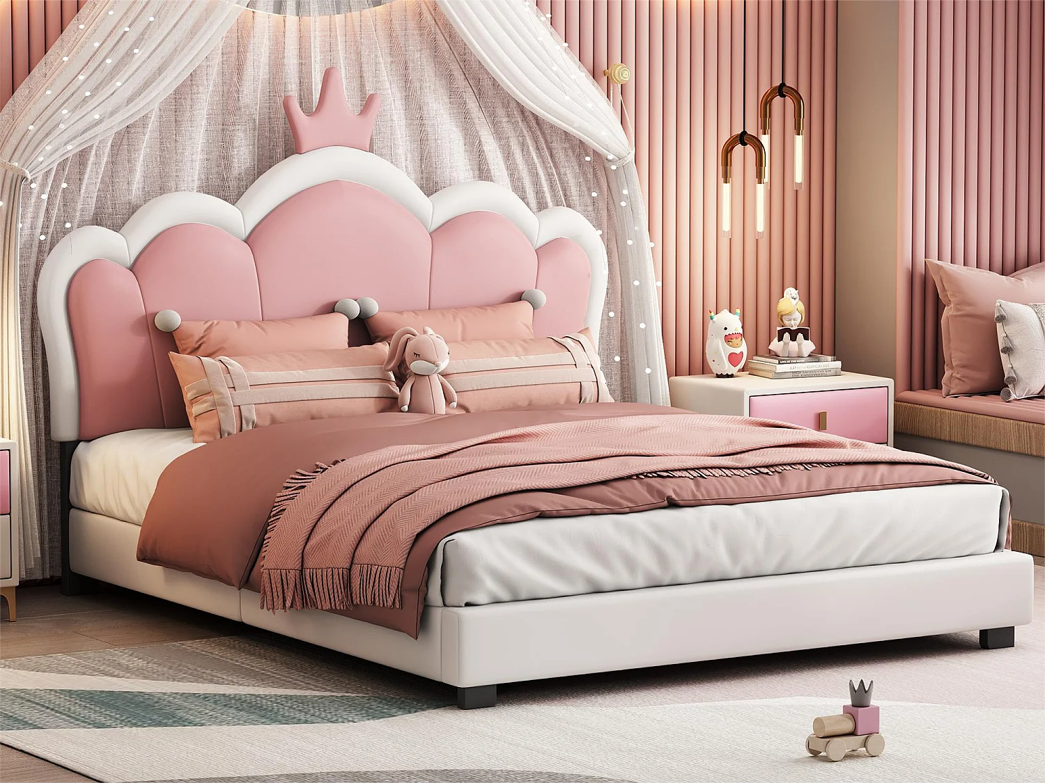 Letto per bambini 140 x 200 cm con testiera a corona, rivestito in similpelle, per ragazze, rosa + bianco