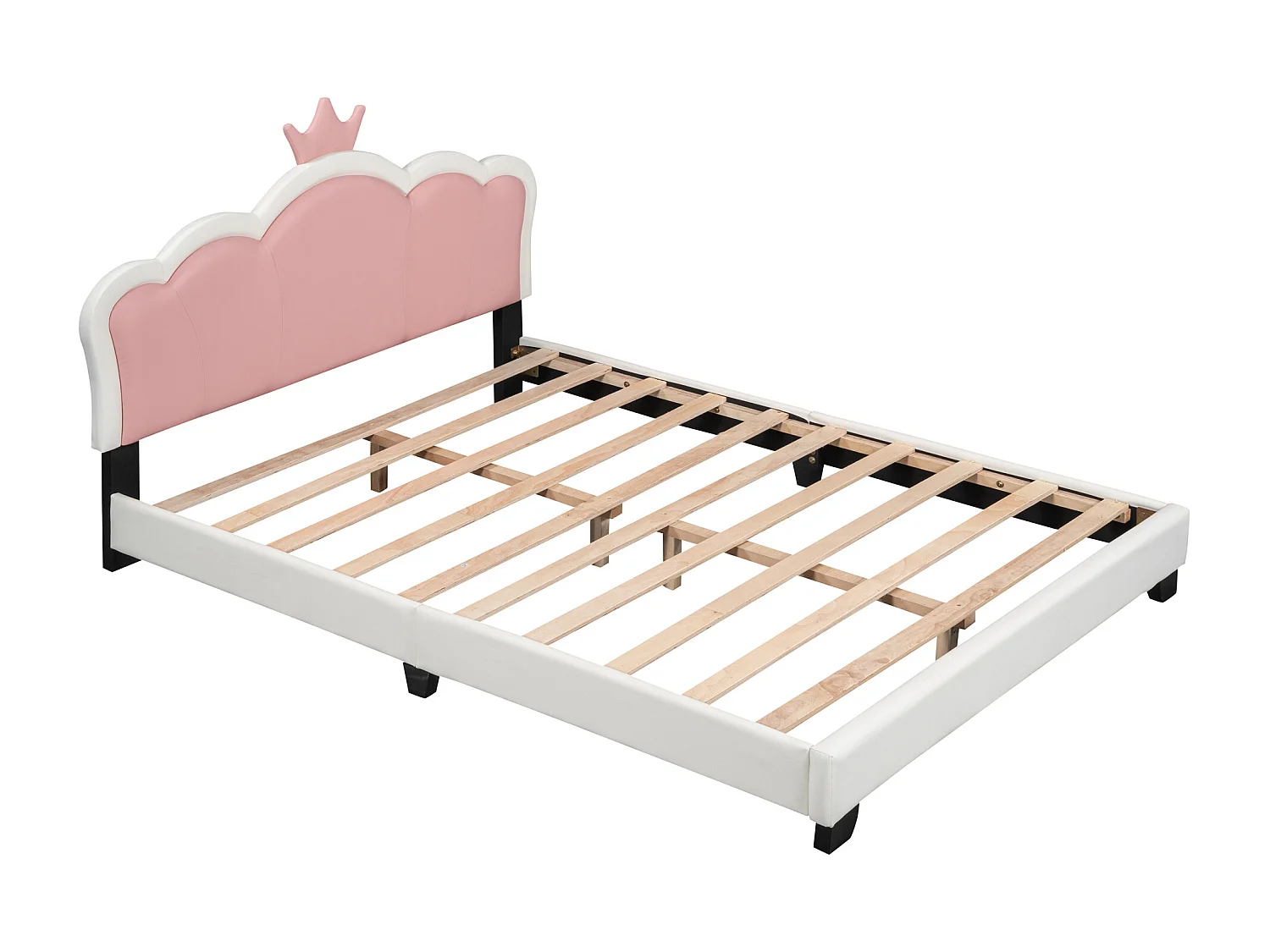 Letto per bambini 140 x 200 cm con testiera a corona, rivestito in similpelle, per ragazze, rosa + bianco