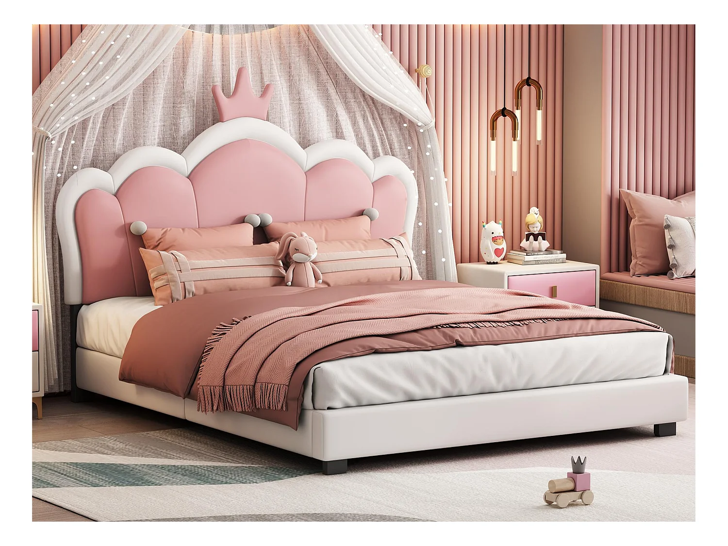 Letto per bambini 140 x 200 cm con testiera a corona, rivestito in similpelle, per ragazze, rosa + bianco