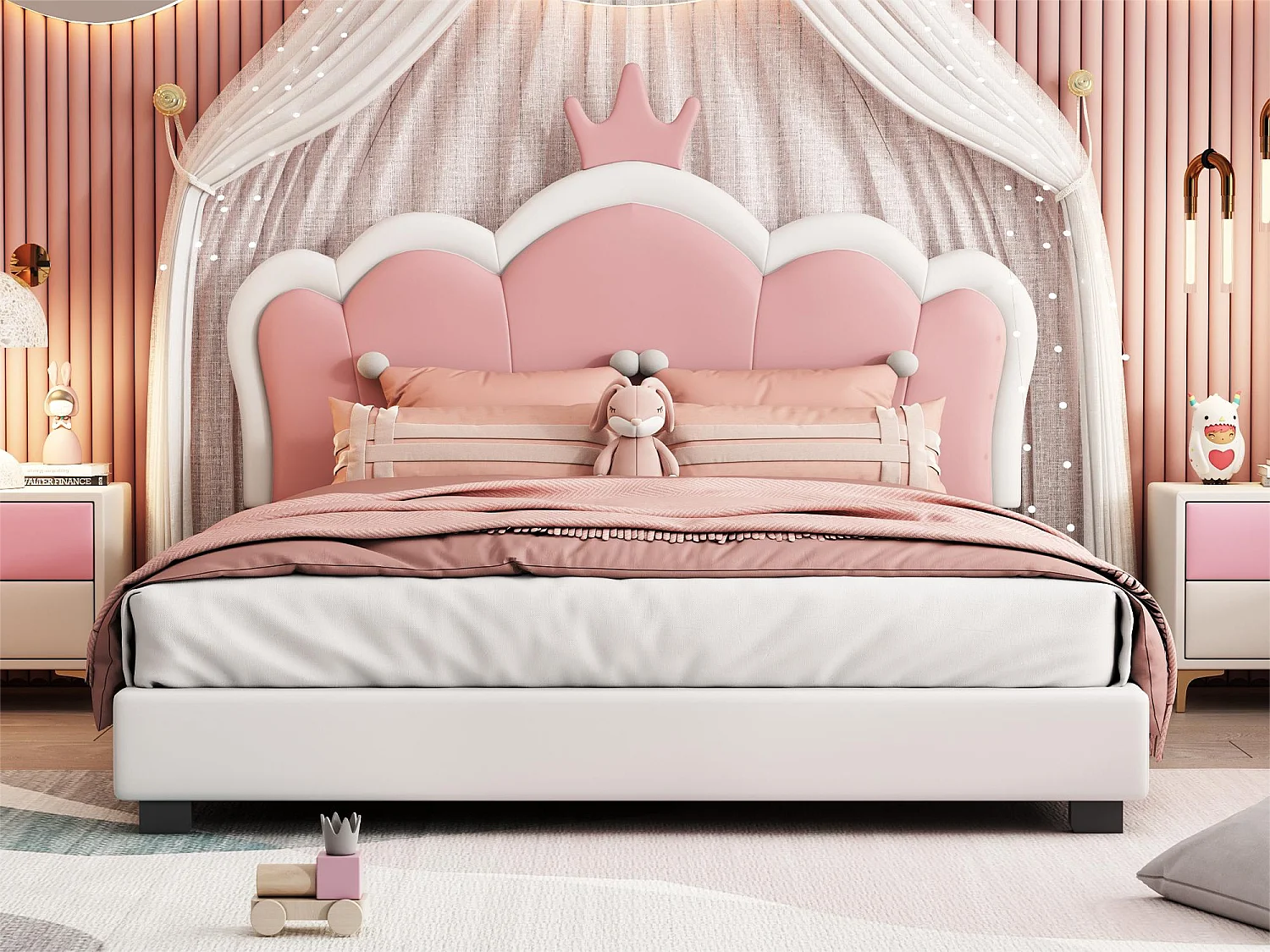 Cama infantil de 140 x 200 cm con cabecero en forma de corona, tapizada en polipiel, para niña, rosa + blanco