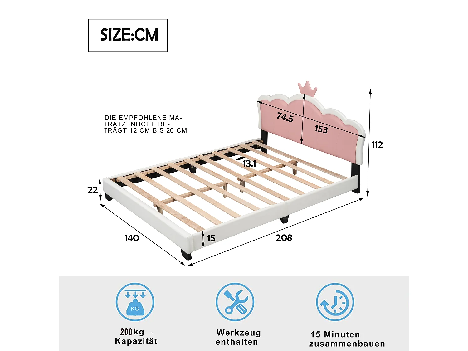 Cama infantil de 140 x 200 cm con cabecero en forma de corona, tapizada en polipiel, para niña, rosa + blanco