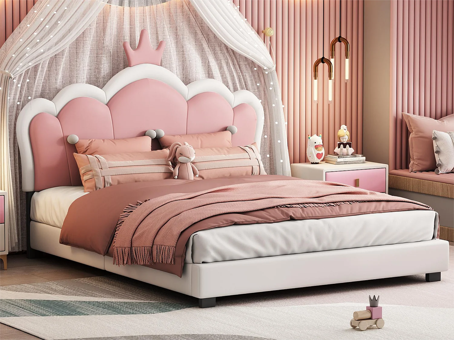 Letto per bambini 140 x 200 cm con testiera a corona, rivestito in similpelle, per ragazze, rosa + bianco