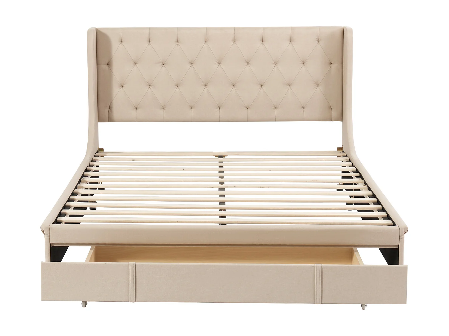 Doppelbett 140 x 200 cm mit großer Schublade, inklusive Lattenrost, Stoff beige