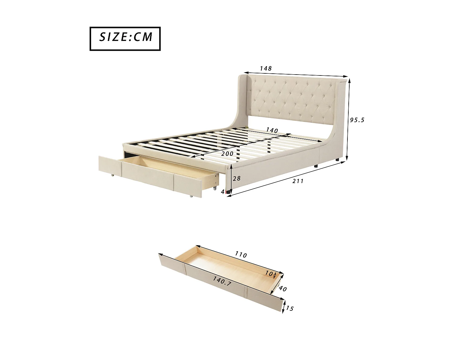 Doppelbett 140 x 200 cm mit großer Schublade, inklusive Lattenrost, Stoff beige