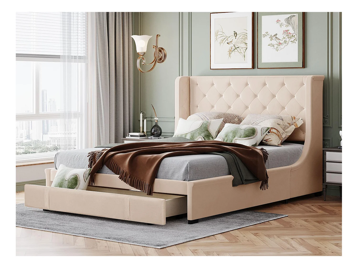 Lit double 140 x 200 cm avec un grand tiroir, sommier à lattes inclus, tissu beige