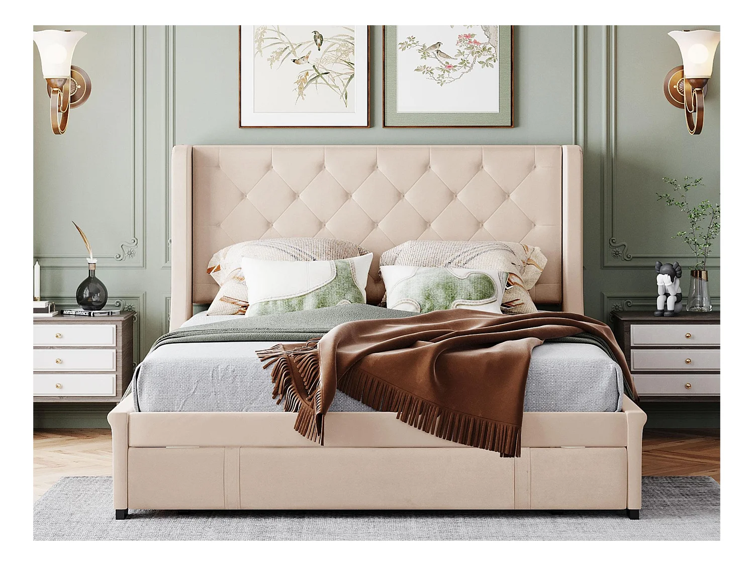 Lit double 140 x 200 cm avec un grand tiroir, sommier à lattes inclus, tissu beige