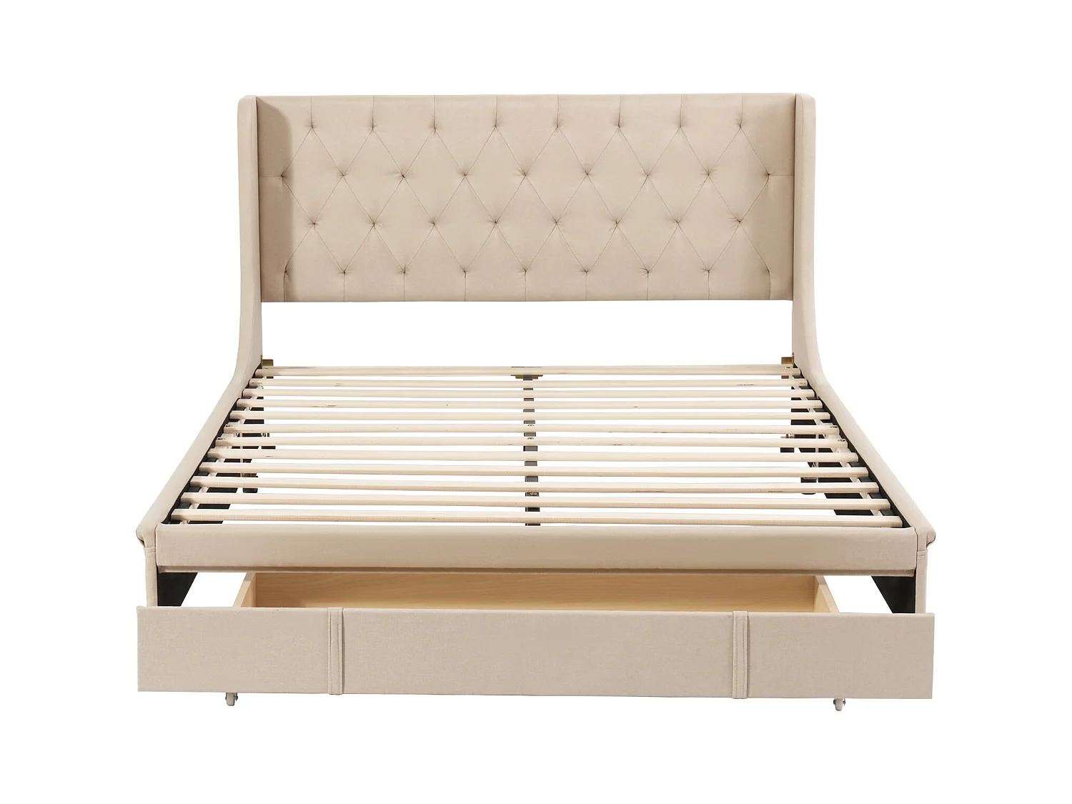 Lit double 140 x 200 cm avec un grand tiroir, sommier à lattes inclus, tissu beige