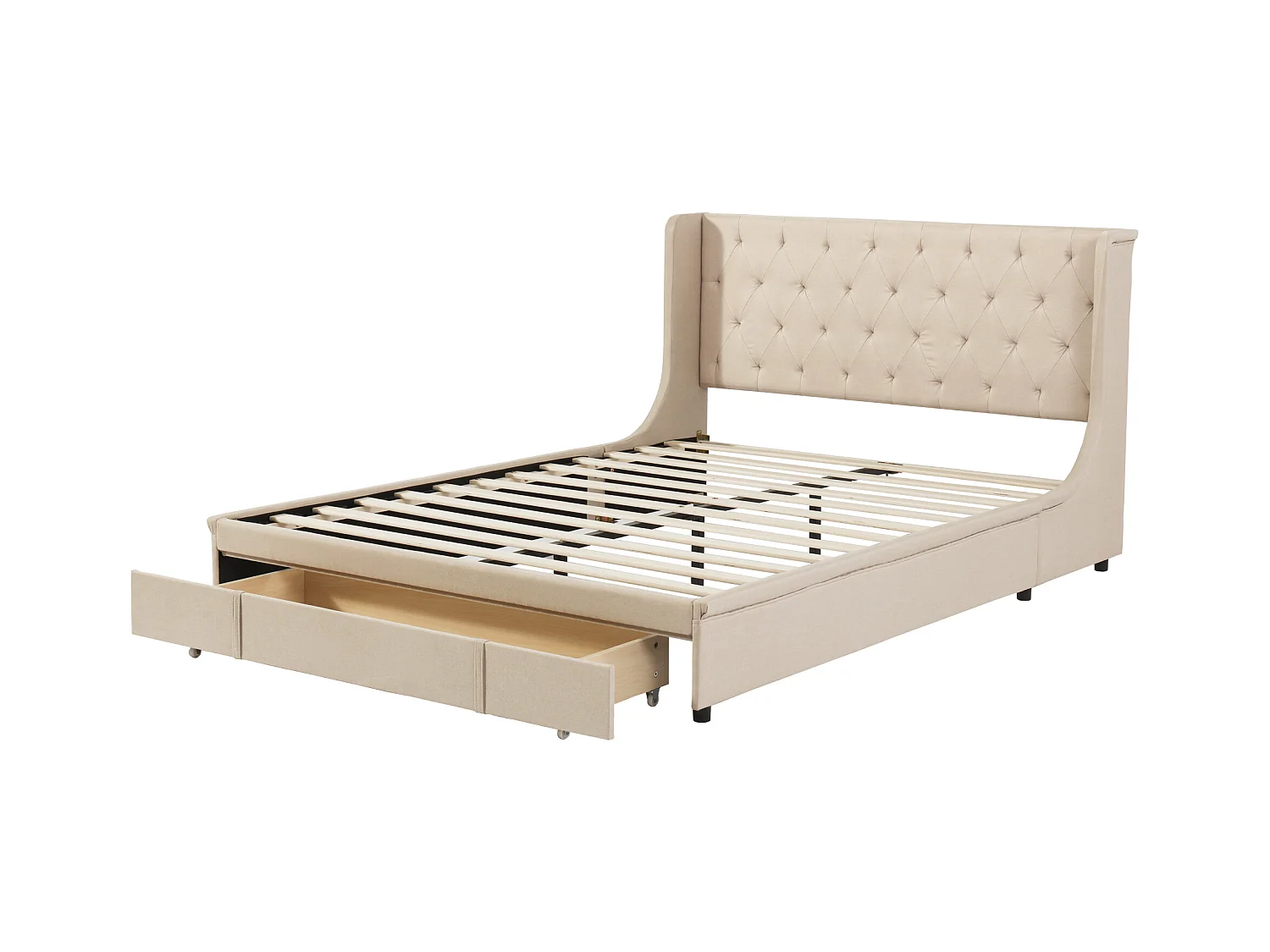 Lit double 140 x 200 cm avec un grand tiroir, sommier à lattes inclus, tissu beige