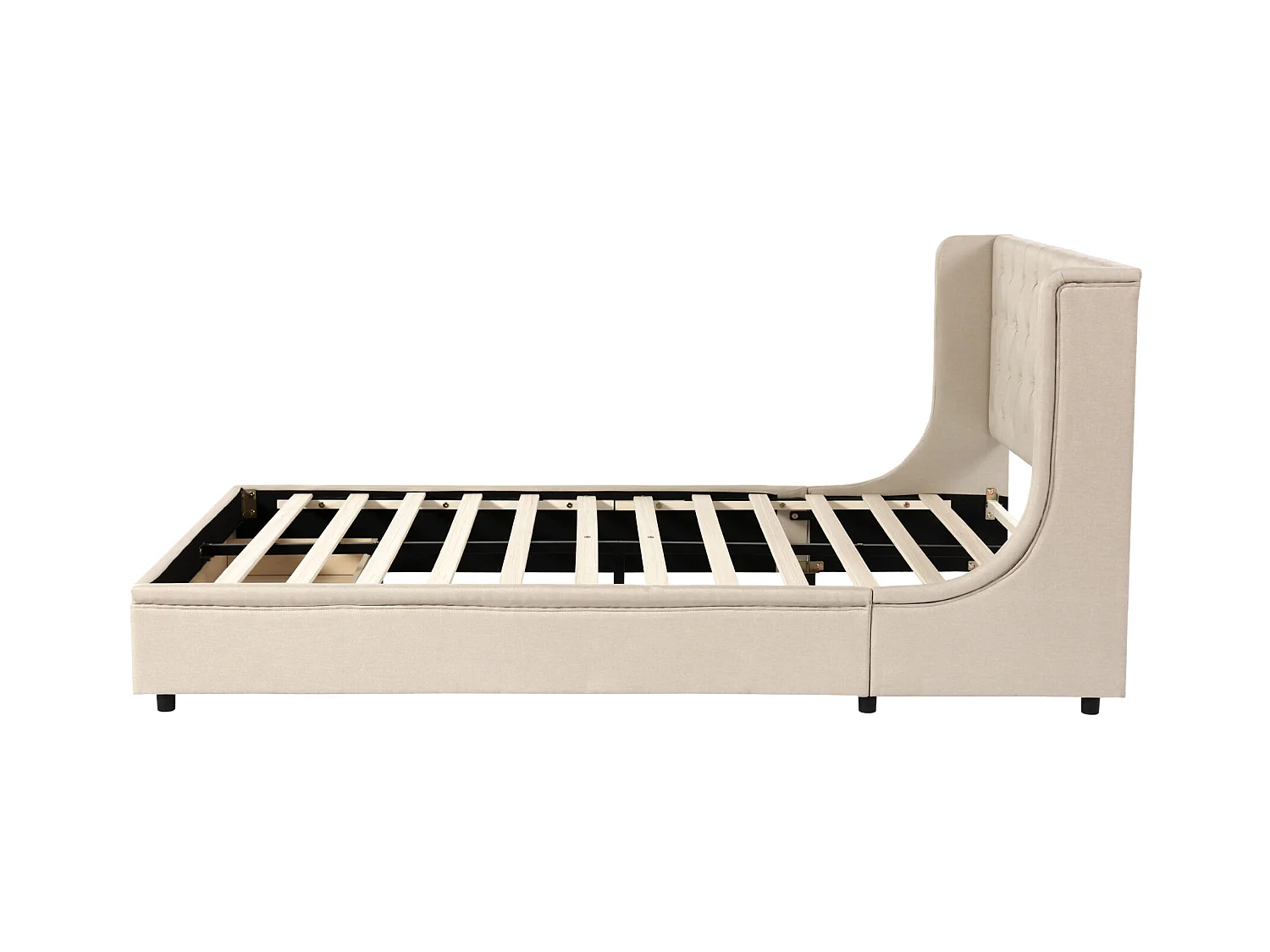 Lit double 140 x 200 cm avec un grand tiroir, sommier à lattes inclus, tissu beige