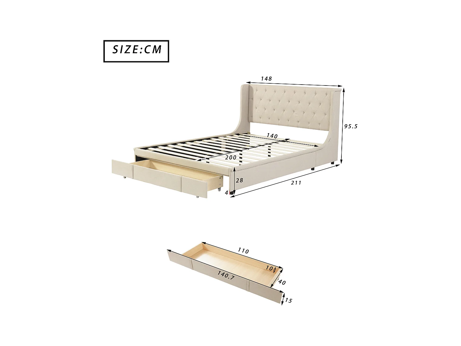 Lit double 140 x 200 cm avec un grand tiroir, sommier à lattes inclus, tissu beige