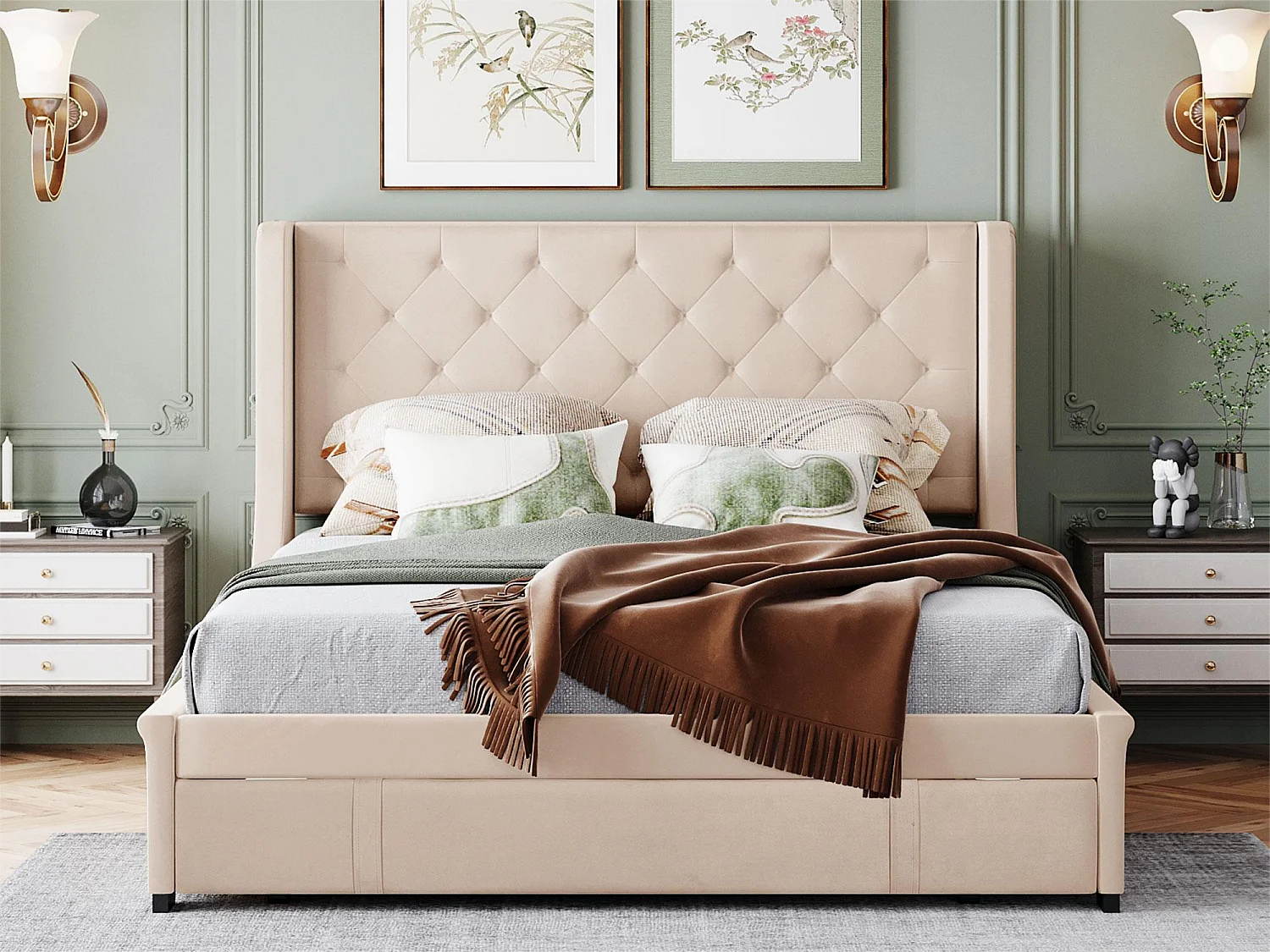 Lit double 140 x 200 cm avec un grand tiroir, sommier à lattes inclus, tissu beige