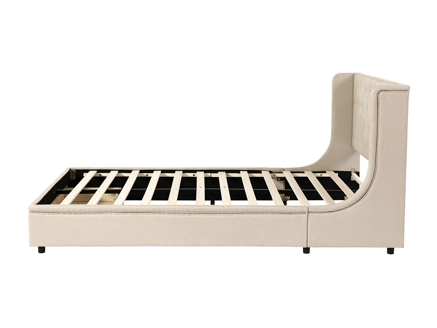 Lit double 140 x 200 cm avec un grand tiroir, sommier à lattes inclus, tissu beige