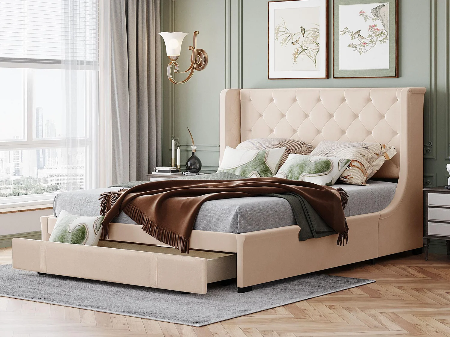 Tweepersoonsbed 140 x 200 cm met grote lade, inclusief lattenbodem, beige stof