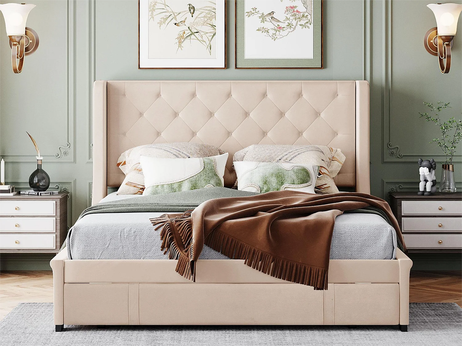 Tweepersoonsbed 140 x 200 cm met grote lade, inclusief lattenbodem, beige stof