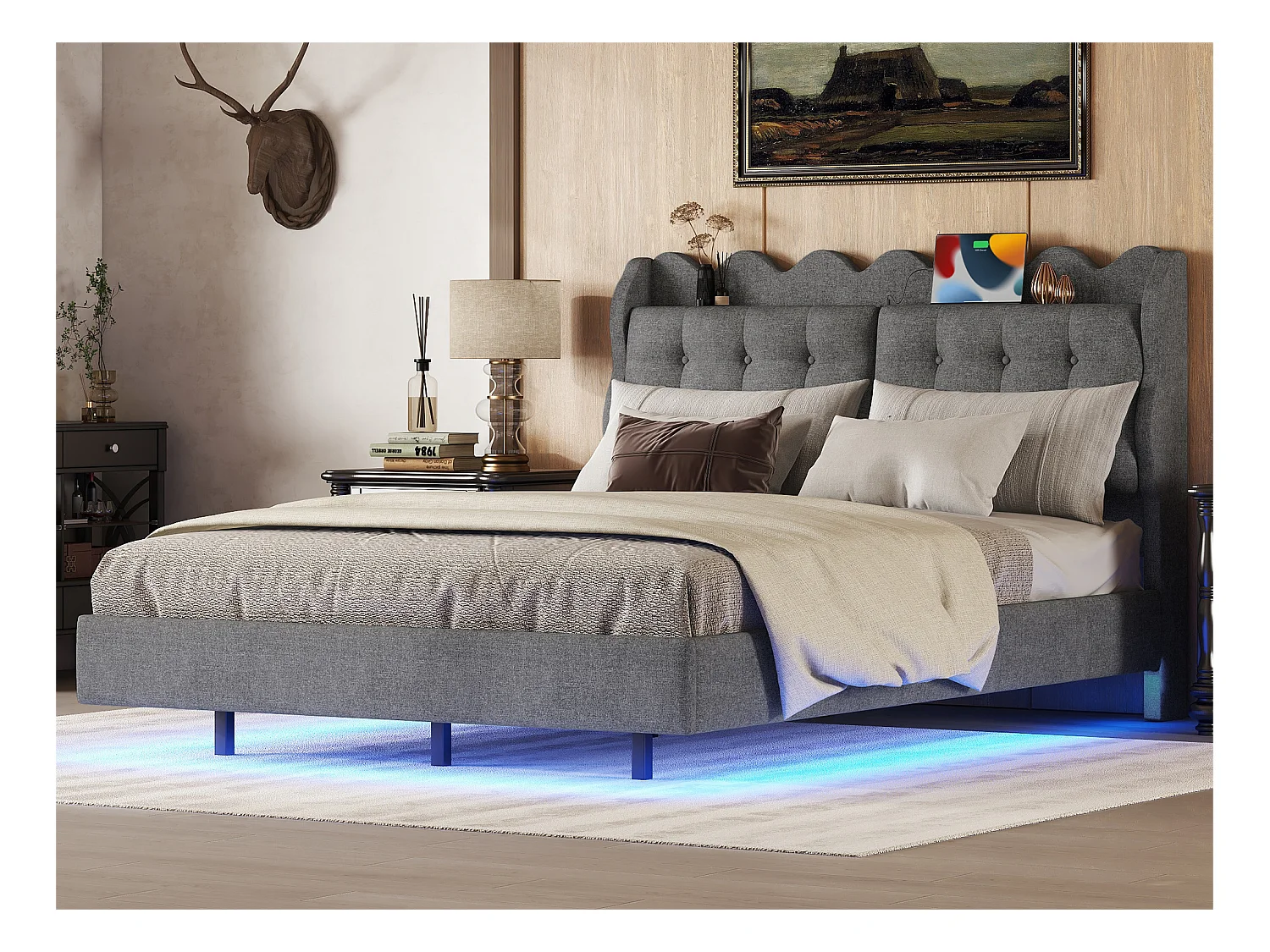 Lit double avec tête de lit - 140 x 200 cm - tissu lin - LEDs et prise USB - gris