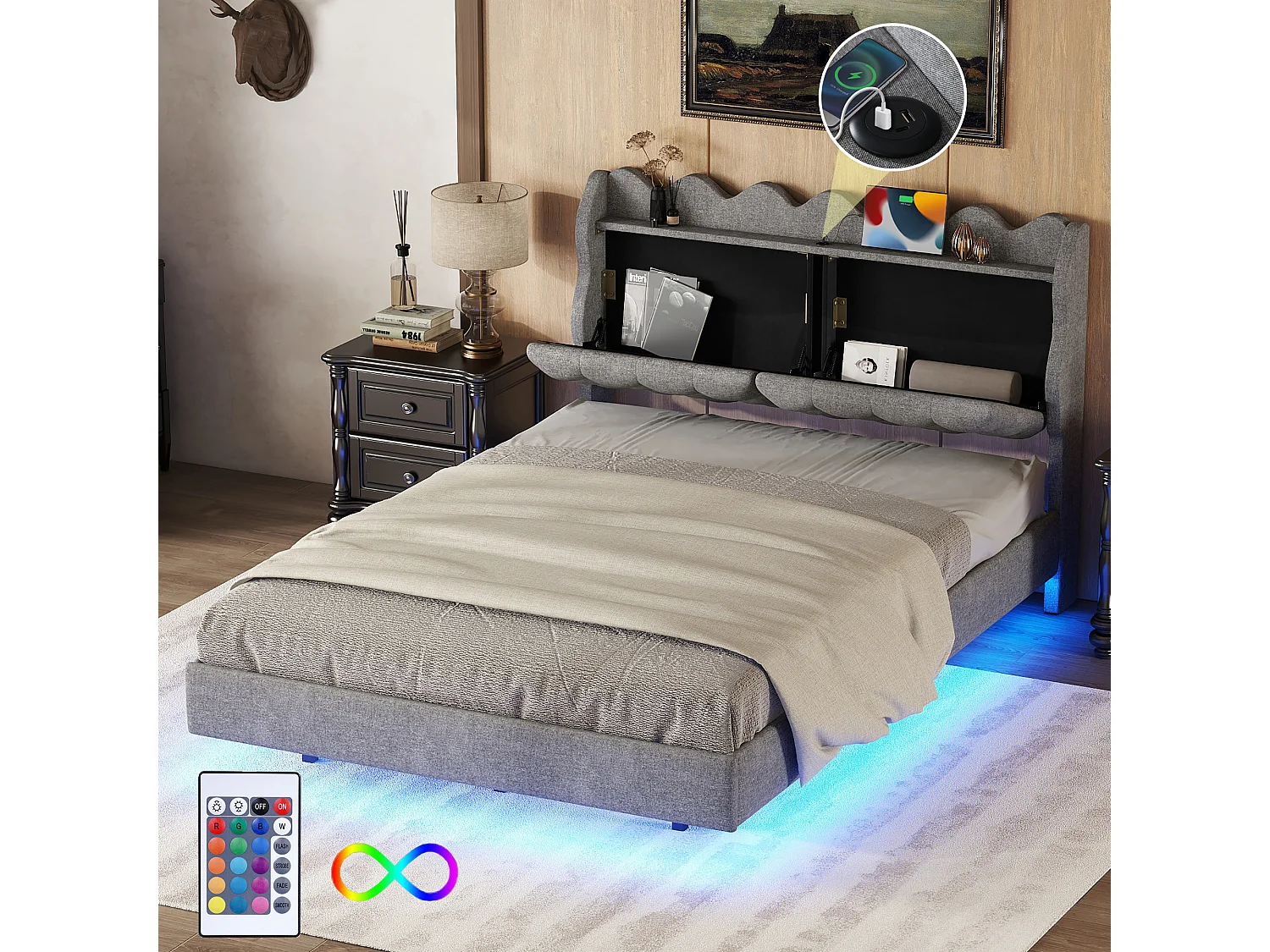 Lit double avec tête de lit - 140 x 200 cm - tissu lin - LEDs et prise USB - gris