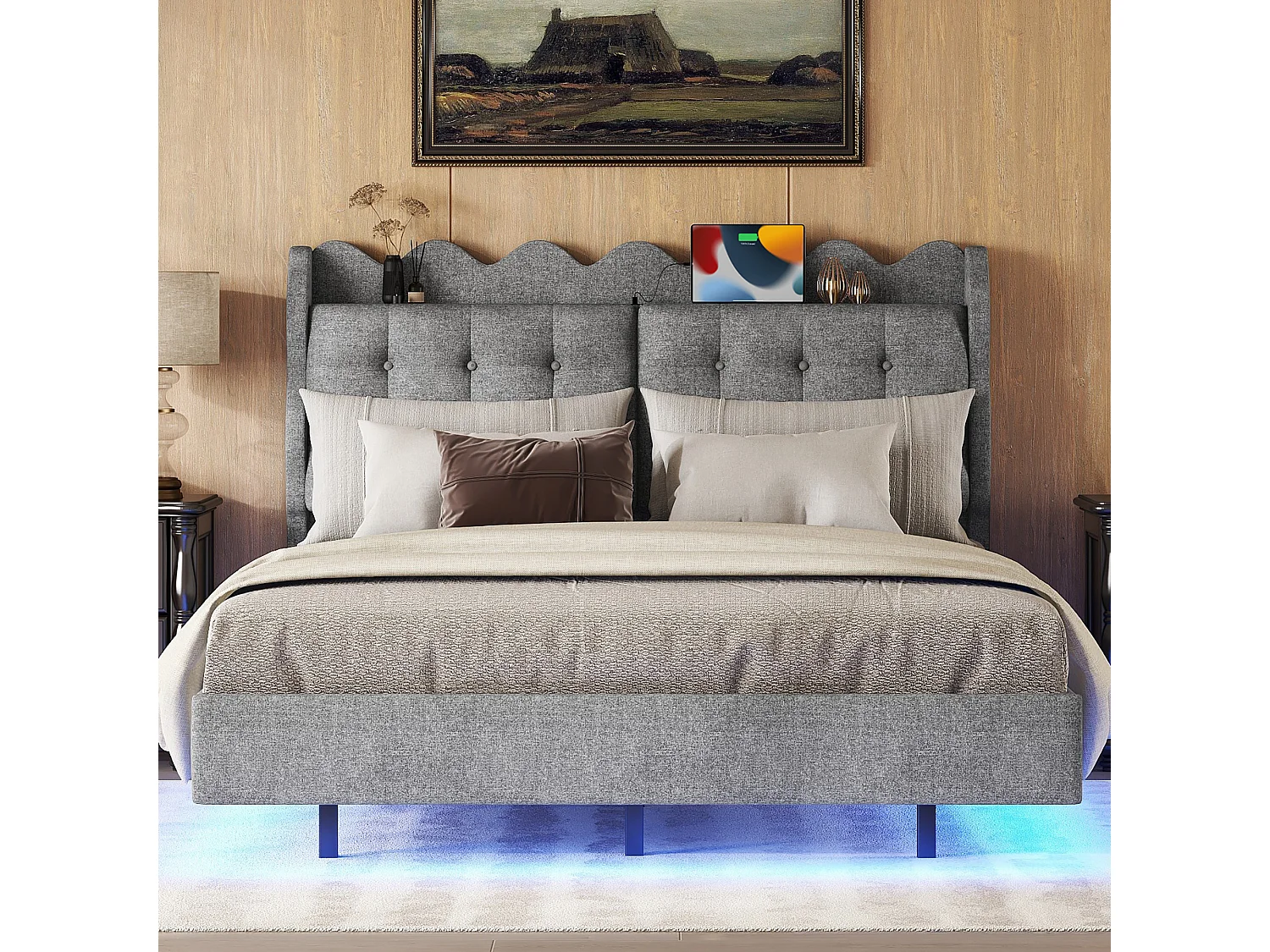 Lit double avec tête de lit - 140 x 200 cm - tissu lin - LEDs et prise USB - gris