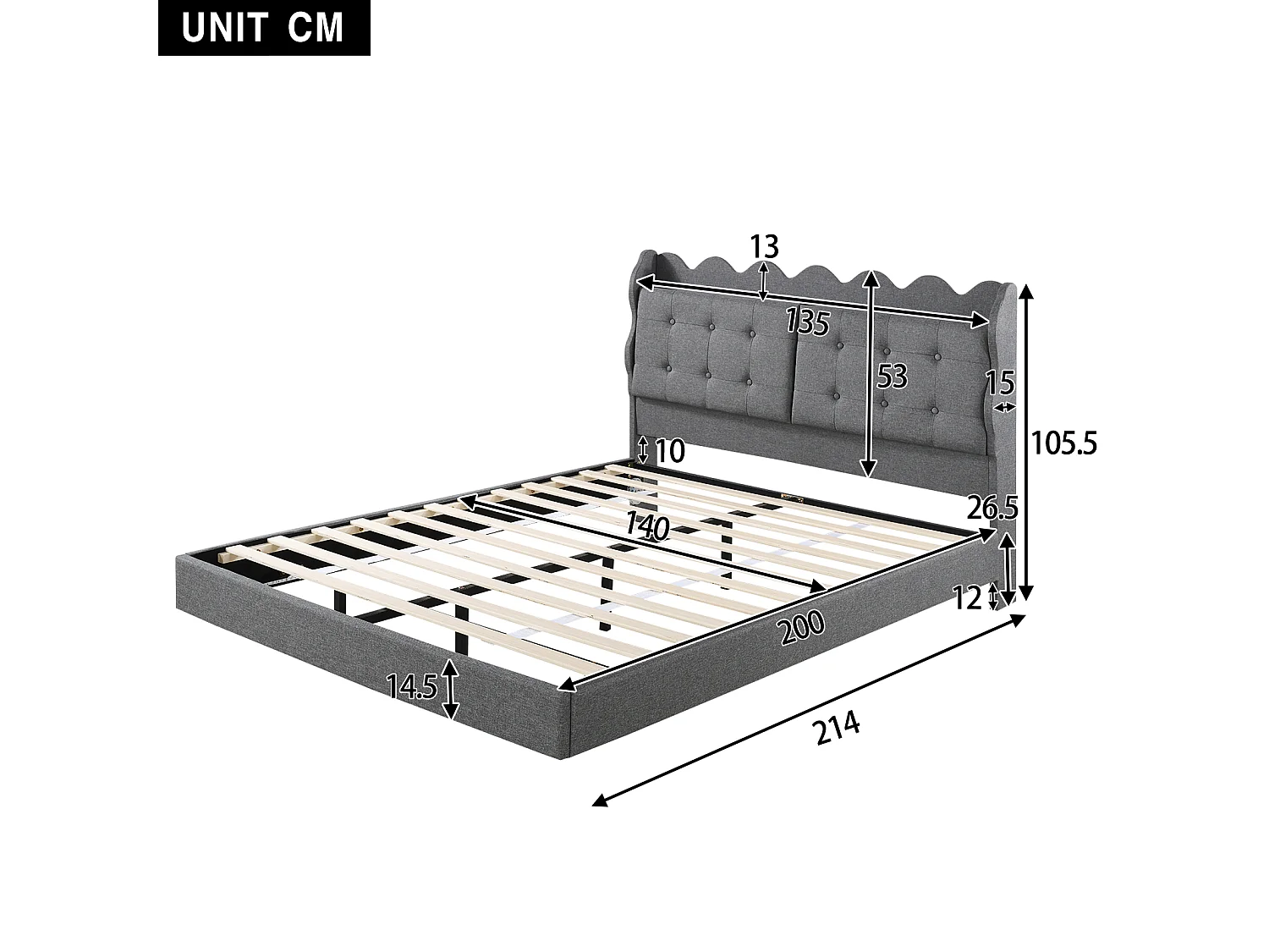 Lit double avec tête de lit - 140 x 200 cm - tissu lin - LEDs et prise USB - gris