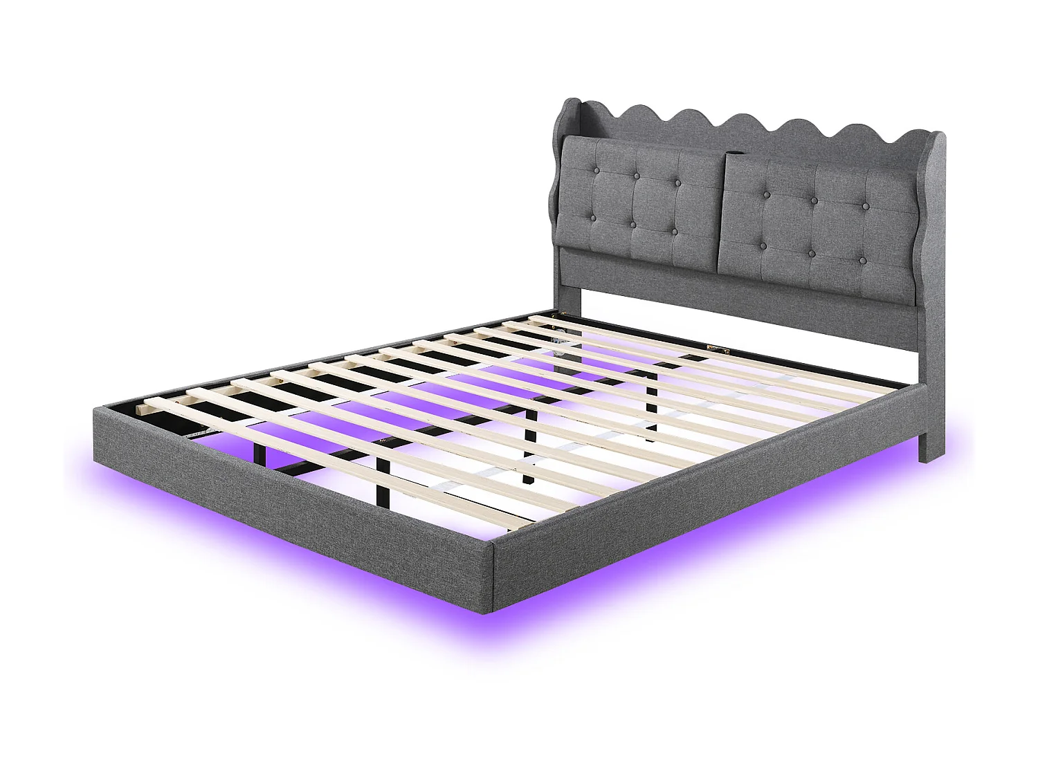 Lit double avec tête de lit - 140 x 200 cm - tissu lin - LEDs et prise USB - gris