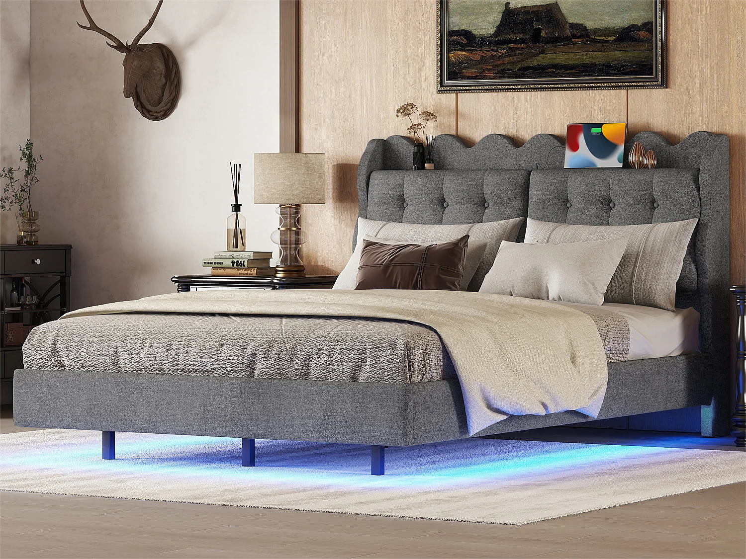 Lit double avec tête de lit - 140 x 200 cm - tissu lin - LEDs et prise USB - gris