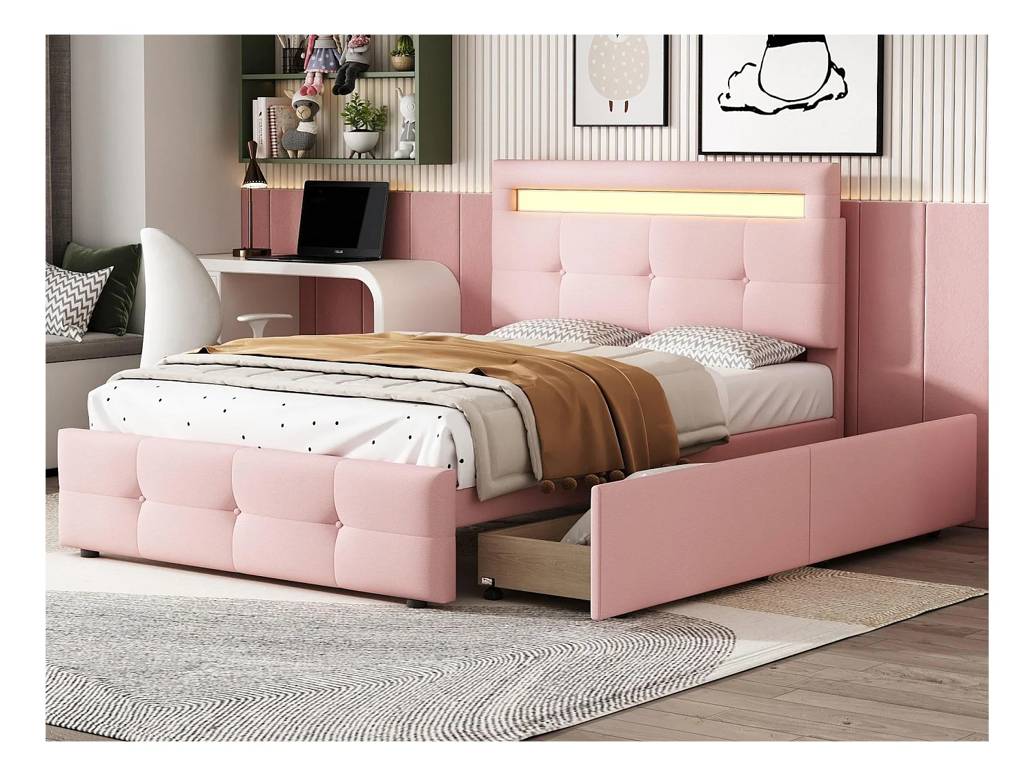 Eenpersoonsbed 90 x 200 cm met 2 laden - linnenstof - LED's - voor kinderen - roze