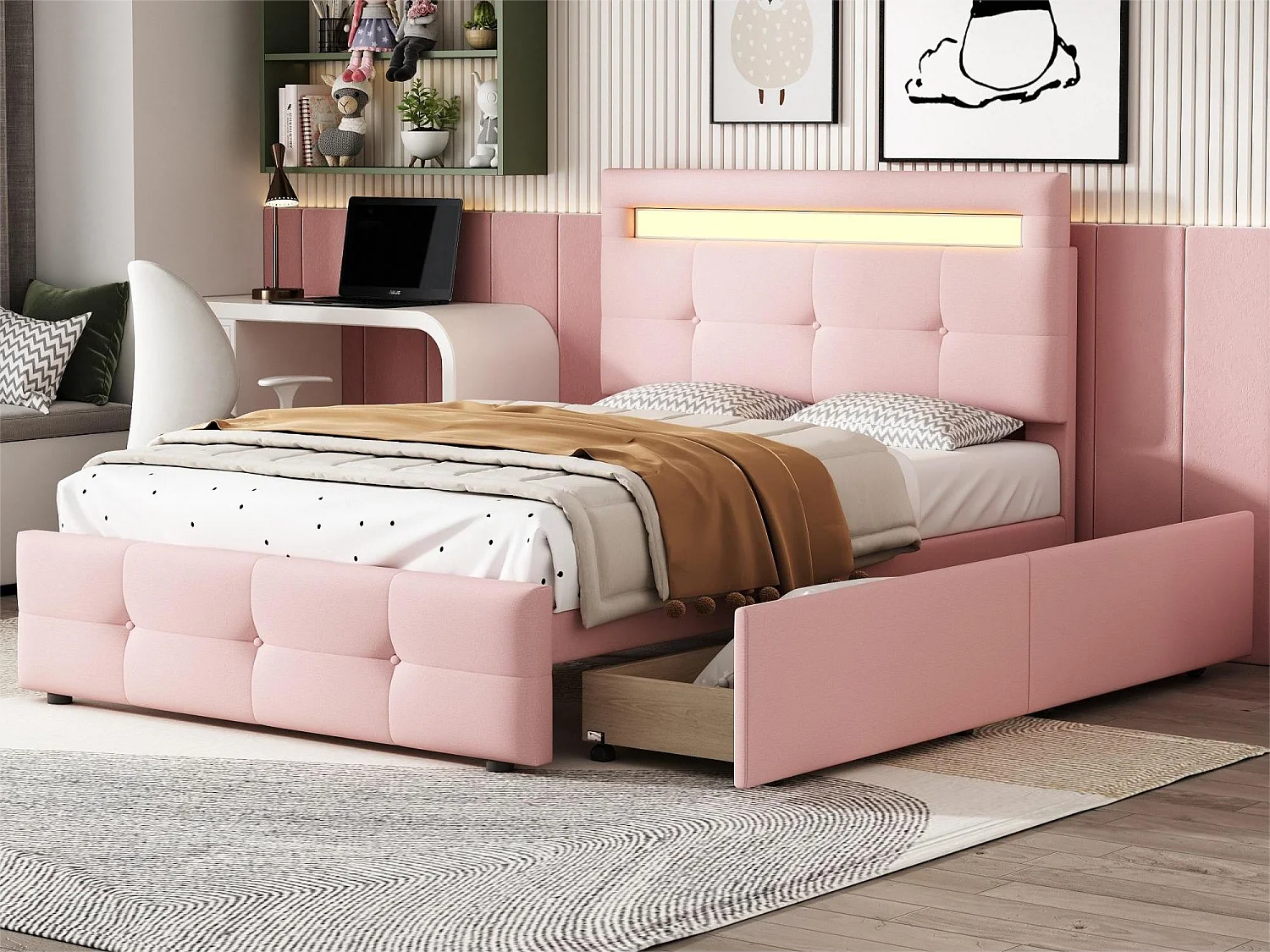 Lit simple 90 x 200 cm avec 2 tiroirs - tissu lin - LEDs - pour enfant - rose