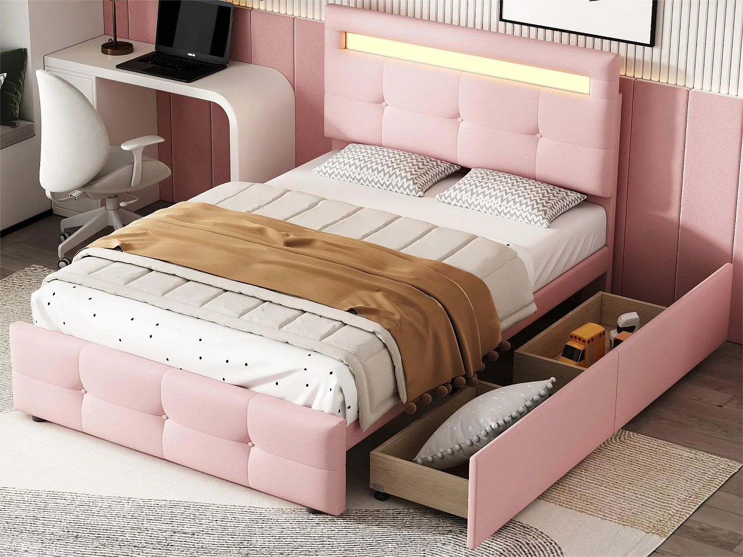 Lit simple 90 x 200 cm avec 2 tiroirs - tissu lin - LEDs - pour enfant - rose