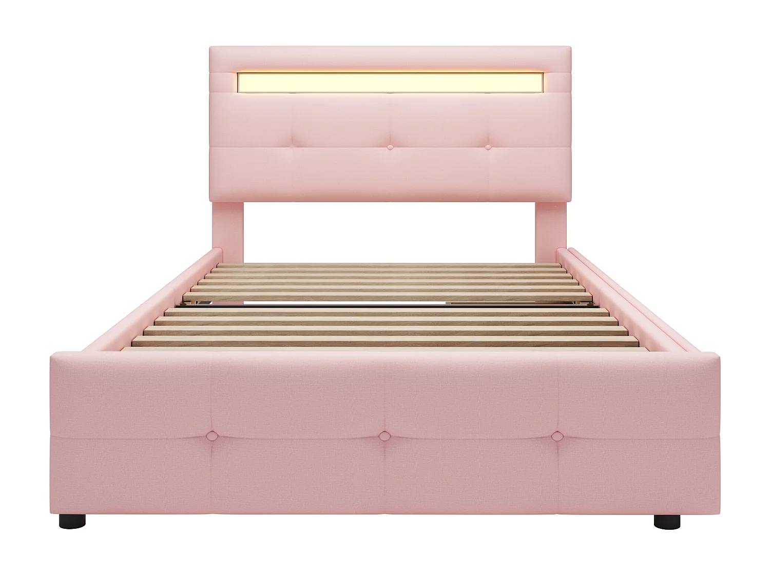 Lit simple 90 x 200 cm avec 2 tiroirs - tissu lin - LEDs - pour enfant - rose