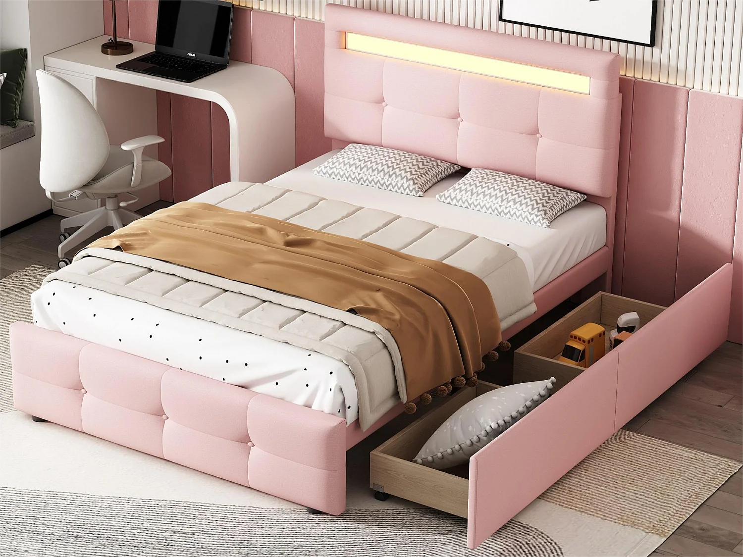 Einzelbett 90 x 200 cm mit 2 Schubladen – Leinenstoff – LEDs – für Kinder – Rosa