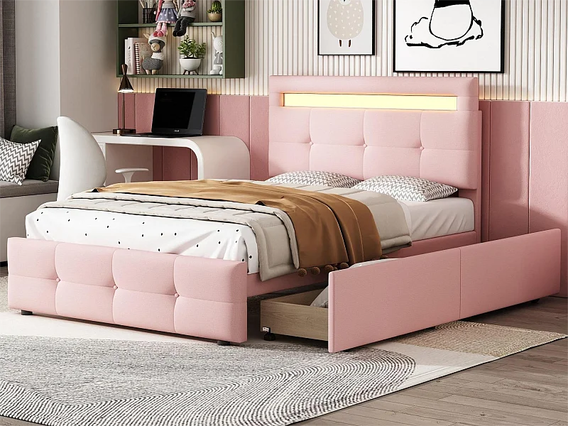 Cama de solteiro 90 x 200 cm com 2 gavetas - tecido de linho - LEDs - para crianças - rosa