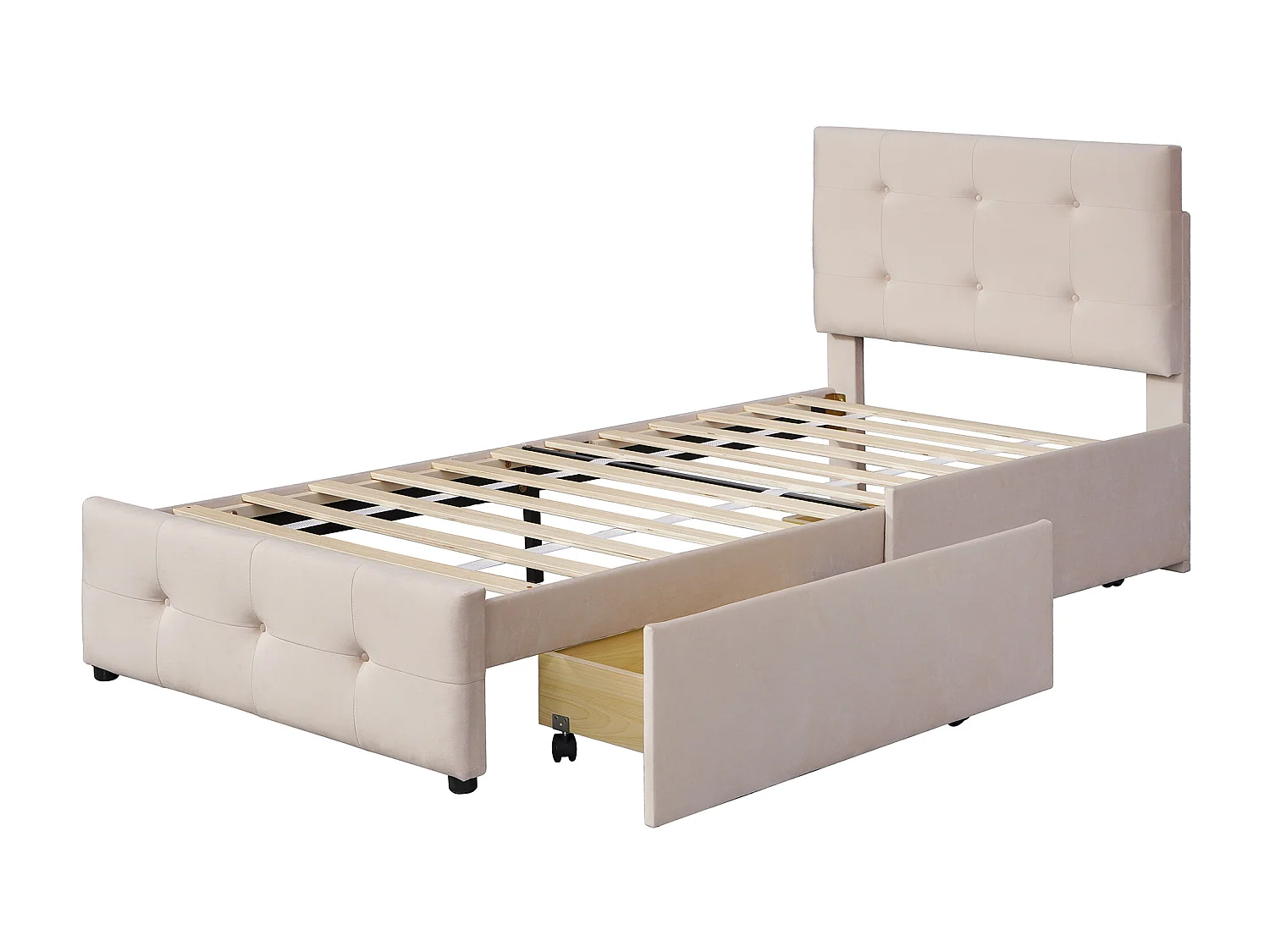 Gestoffeerd bed 90 x 200 cm met 2 lades - Fluweel - Inclusief lattenbodem - Donkerbeige