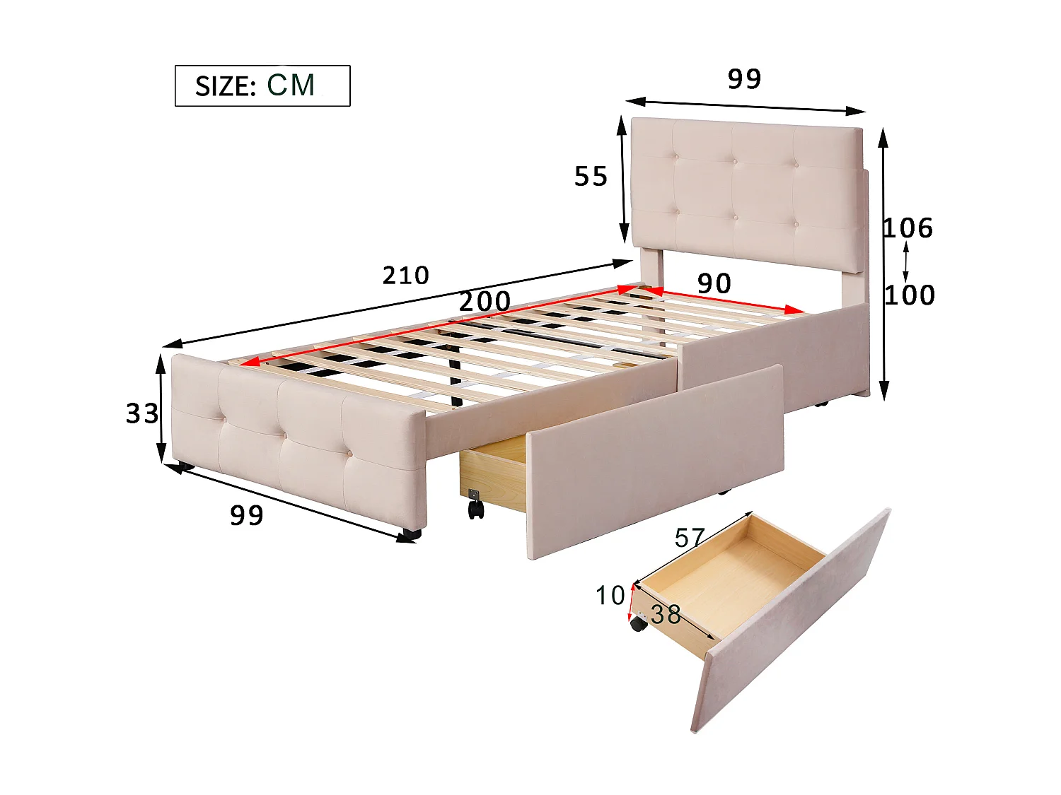 Gestoffeerd bed 90 x 200 cm met 2 lades - Fluweel - Inclusief lattenbodem - Donkerbeige