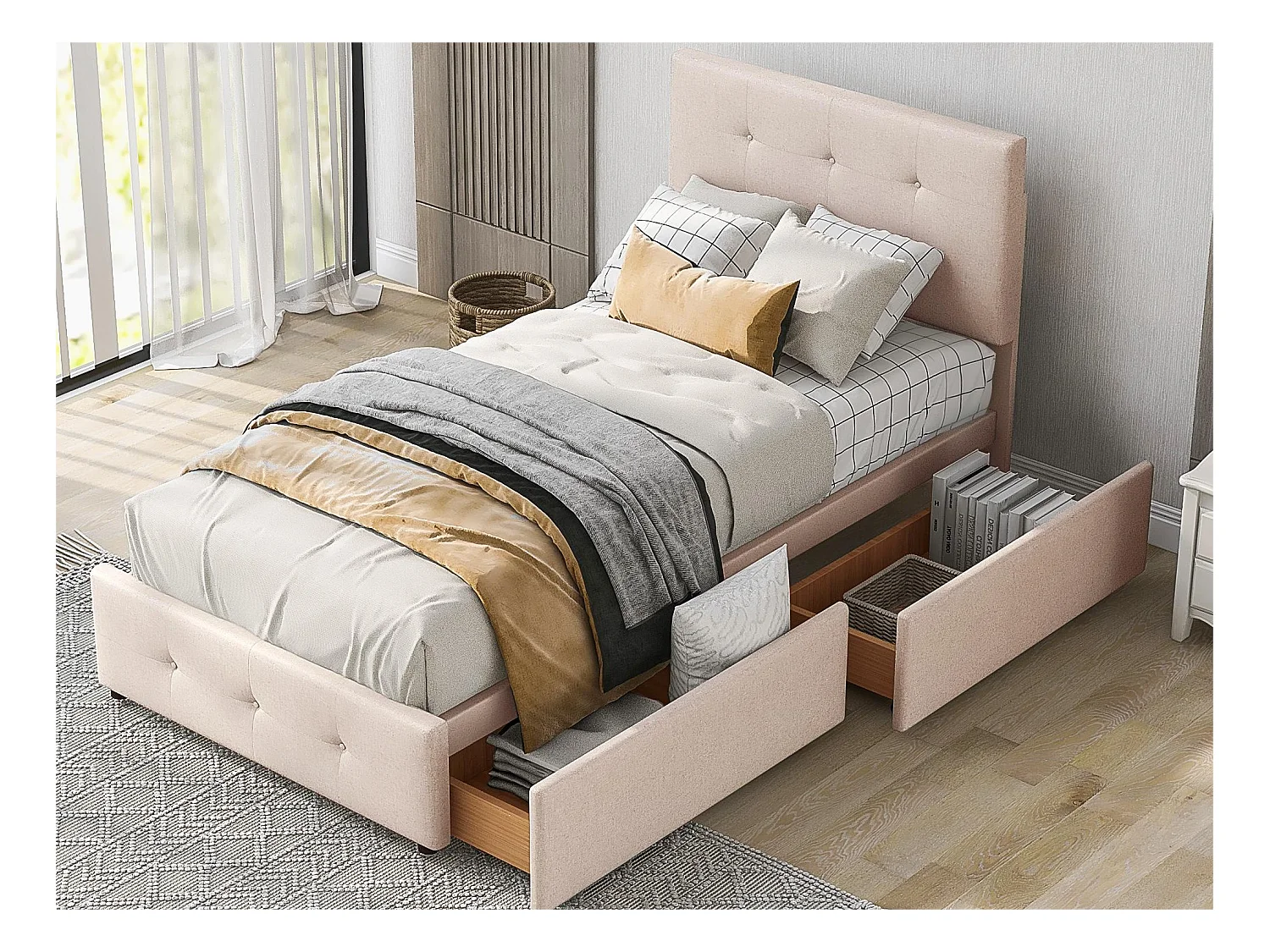 Polsterbett 90 x 200 cm mit 2 Schubladen – Samt – inklusive Lattenrost – Dunkelbeige