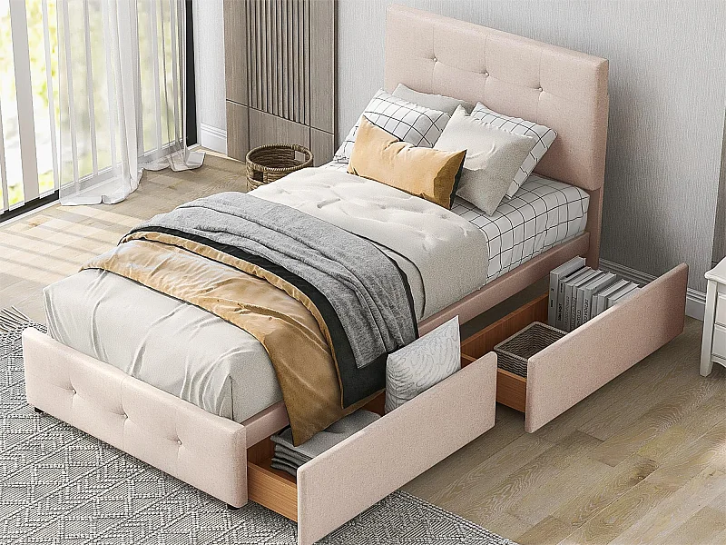 Cama tapizada 90 x 200 cm con 2 cajones - Terciopelo - Somier de láminas incluido - Beige oscuro