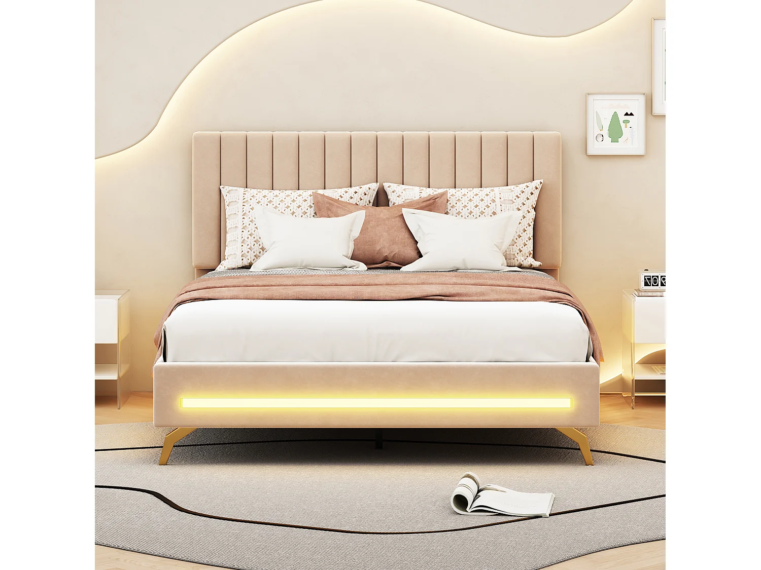 Lit capitonné 140 x 200 cm avec tête de lit réglable - velours - LEDs - beige