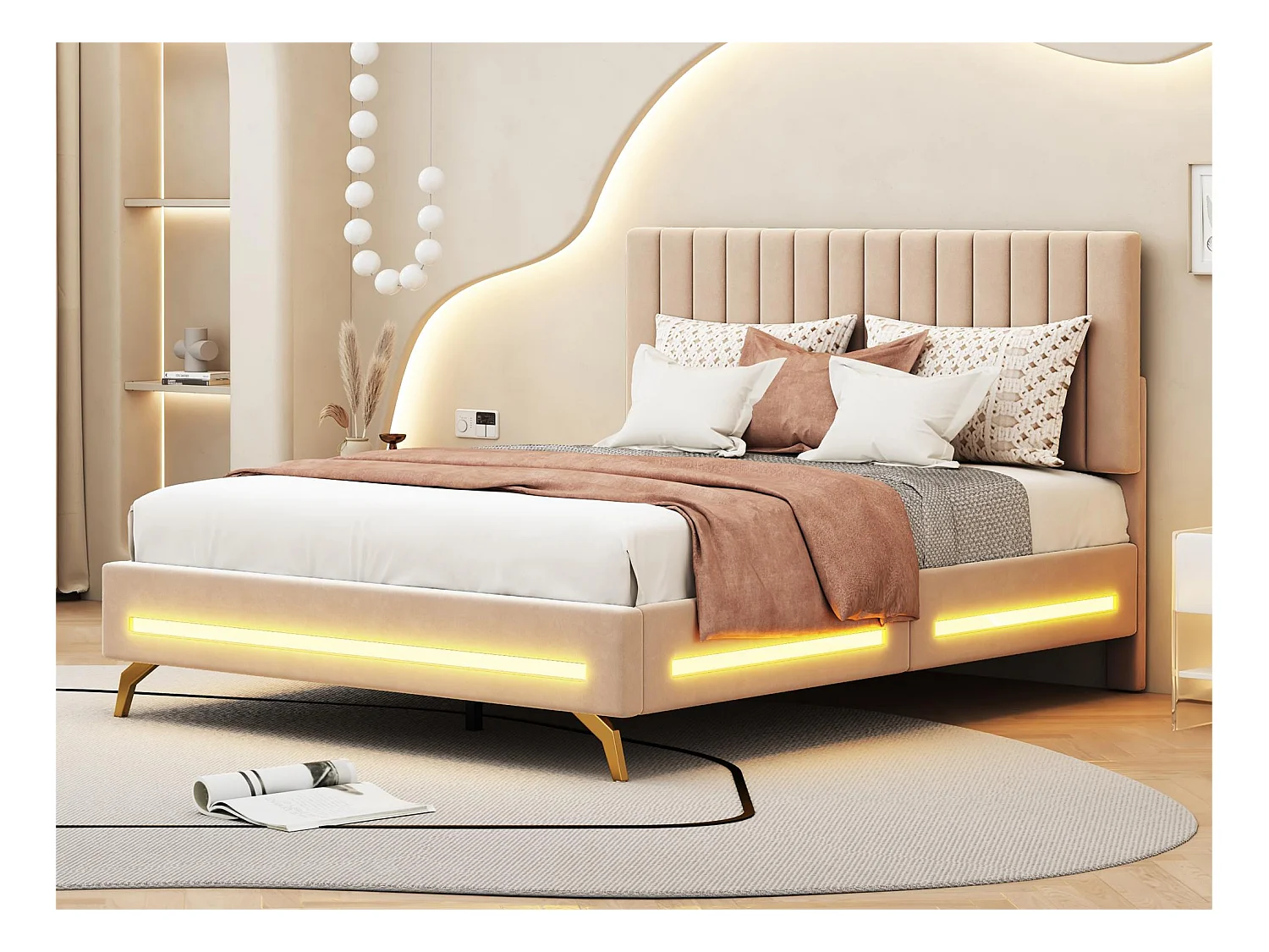 Lit capitonné 140 x 200 cm avec tête de lit réglable - velours - LEDs - beige