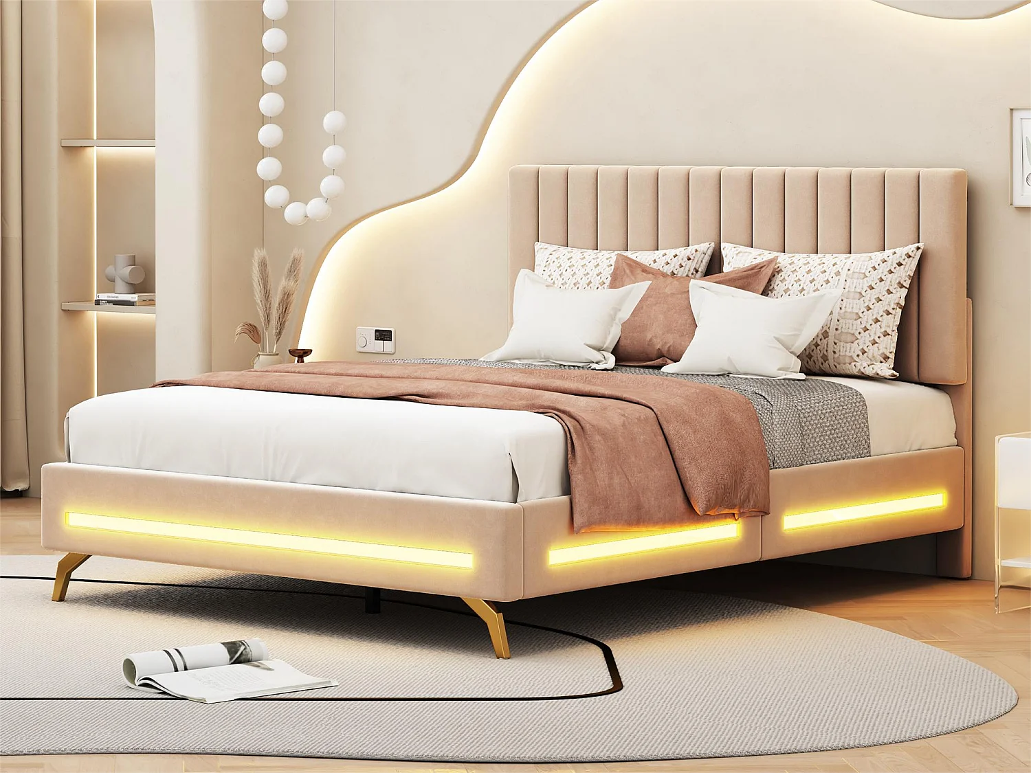 Lit capitonné 140 x 200 cm avec tête de lit réglable - velours - LEDs - beige