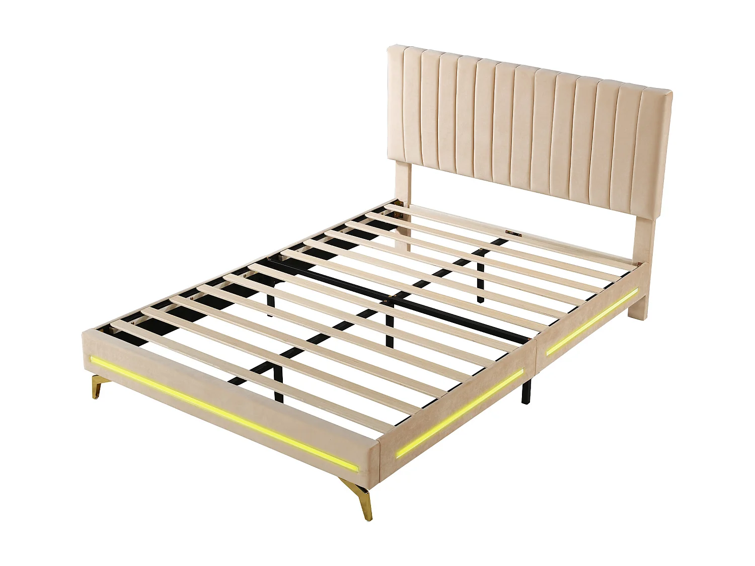 Lit capitonné 140 x 200 cm avec tête de lit réglable - velours - LEDs - beige