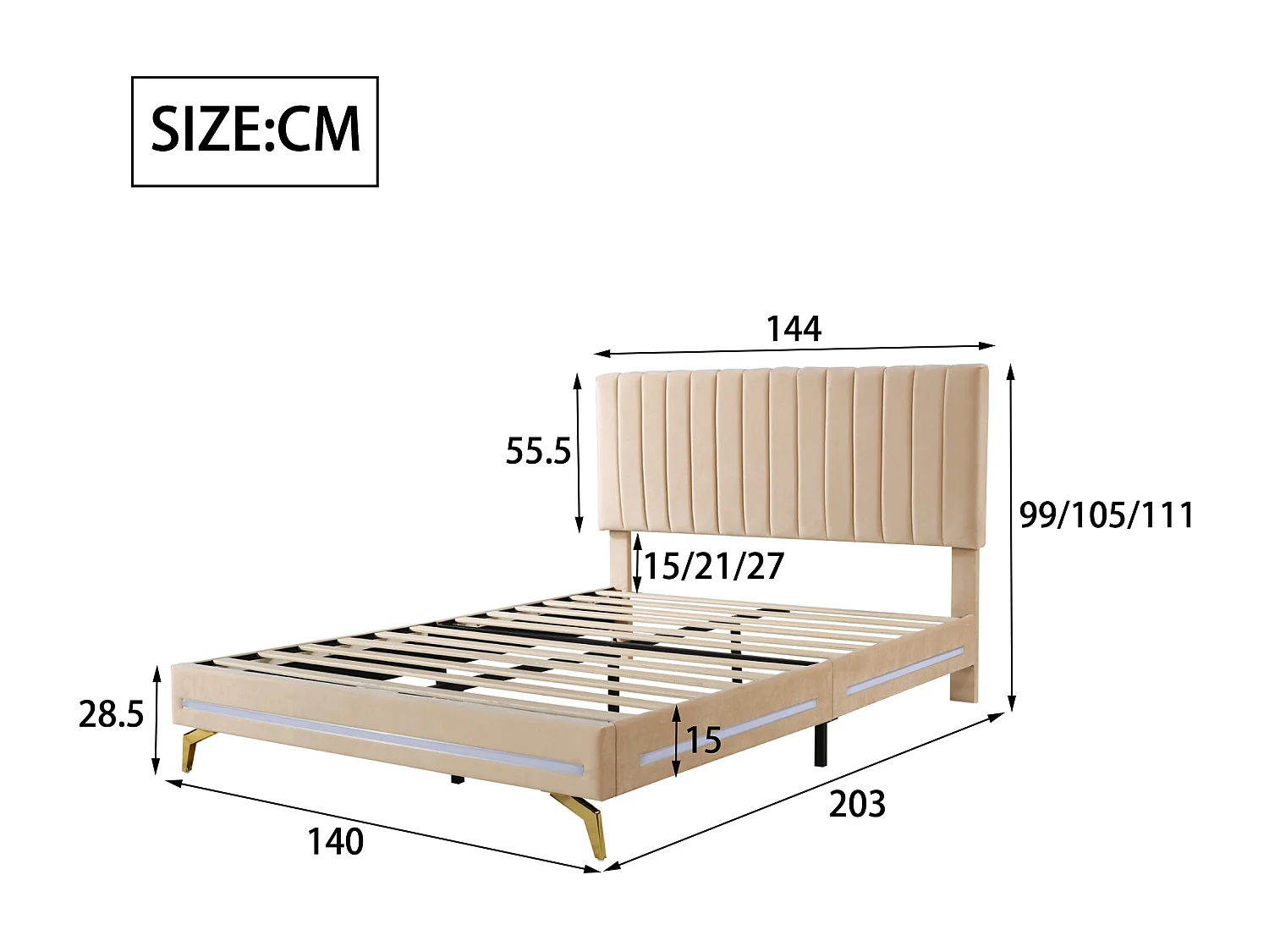 Lit capitonné 140 x 200 cm avec tête de lit réglable - velours - LEDs - beige
