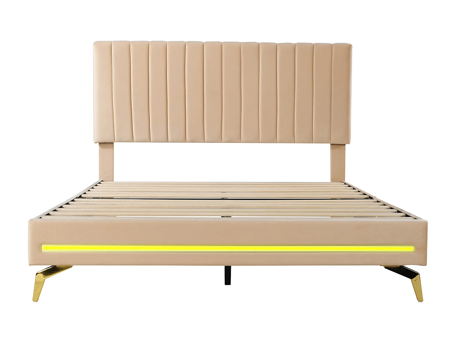 Lit capitonné 140 x 200 cm avec tête de lit réglable - velours - LEDs - beige