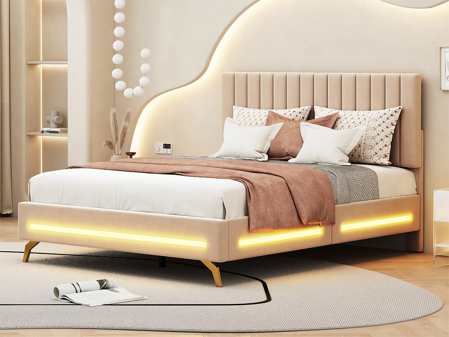 Lit capitonné 140 x 200 cm avec tête de lit réglable - velours - LEDs - beige